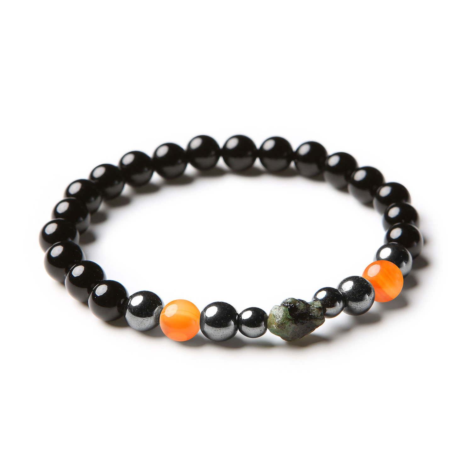 Stylowa bransoletka z kolekcji Elai, wykonana z karneolu, szmaragdu, onyksu oraz hematytu grafitowego, idealna dla obu płci.