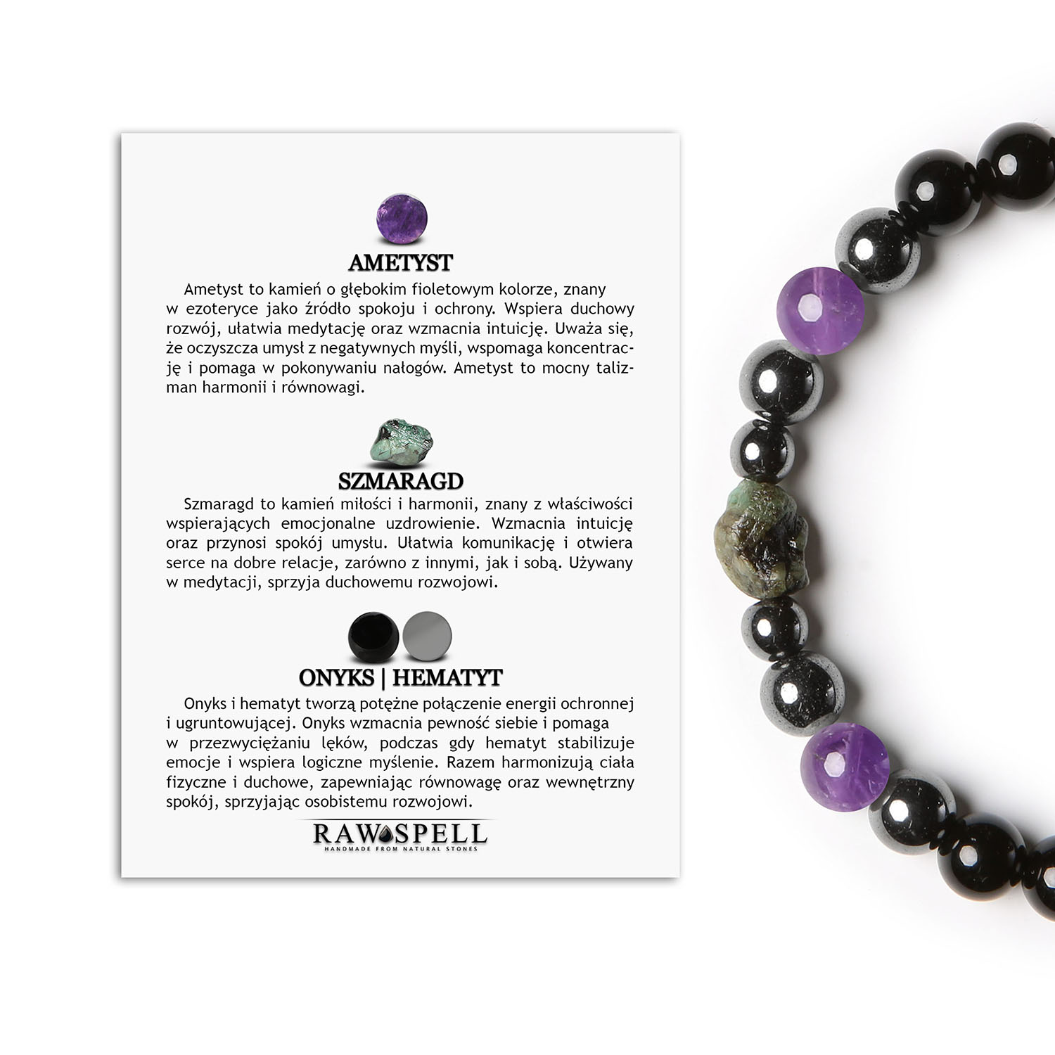 Bransoletka z kolekcji Elai – elegancka biżuteria z ametystem, szmaragdem, onyksami i hematytem grafitowym, dostępna dla każdego Stylowa bransoletka Elai z naturalnymi kamieniami: ametyst, szmaragd, onyks oraz hematyt grafitowy, idealna dla kobiet i mężczyzn.