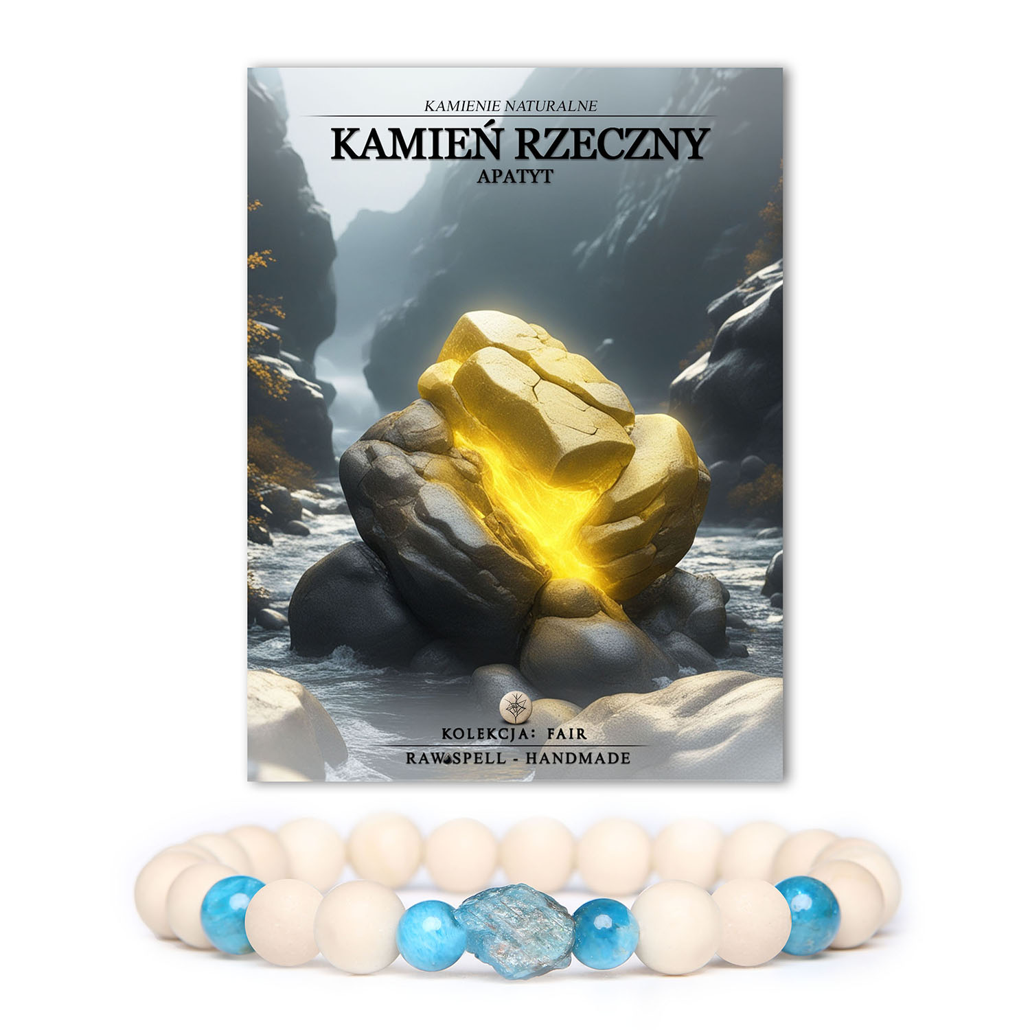 Kolekcja Fair: bransoletka z kamieniem rzecznym i apatytami, idealna zarówno dla pań, jak i panów.