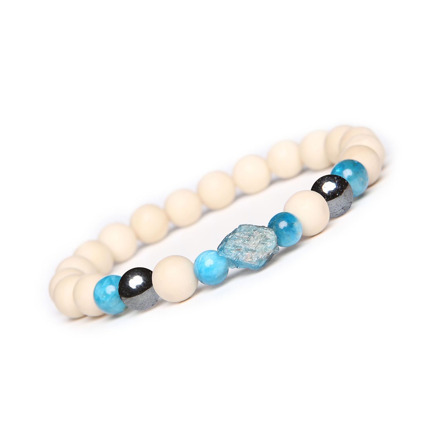 Bransoletka z kolekcji Fair Hematyt grafitowy, apatyt, kamień rzeczny. Idealna dla kobiet i mężczyzn Stylowa bransoletka z hematytu grafitowego, apatytu i kamienia rzecznego z kolekcji Fair, dostępna zarówno dla kobiet, jak i mężczyzn.