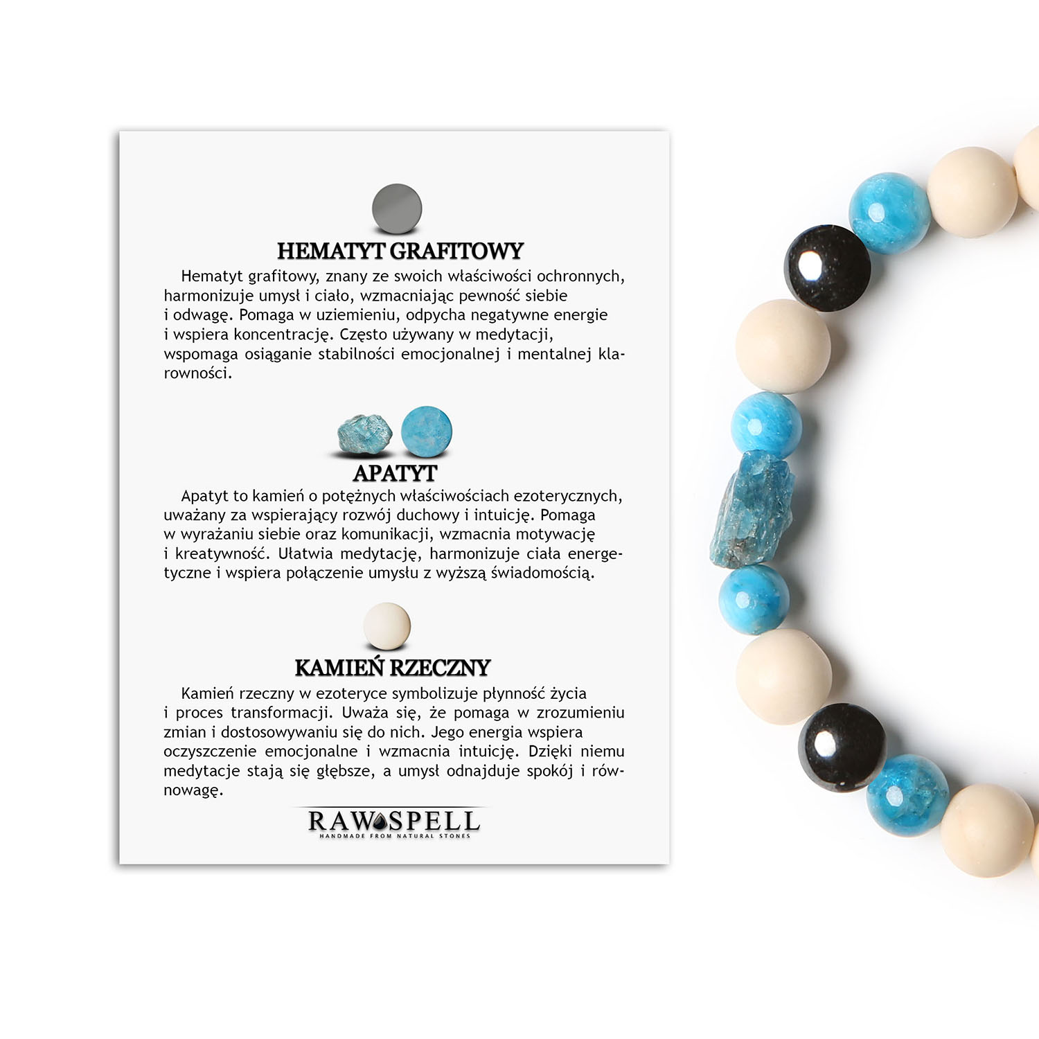 Bransoletka z kolekcji Fair - Hematyt grafitowy, apatyt, kamień rzeczny. Idealna dla ludzi w każdym stylu Bransoletka z kolekcji Fair dla kobiet i mężczyzn, ozdobiona hematytem grafitowym, apatytami oraz kamieniem rzecznym."