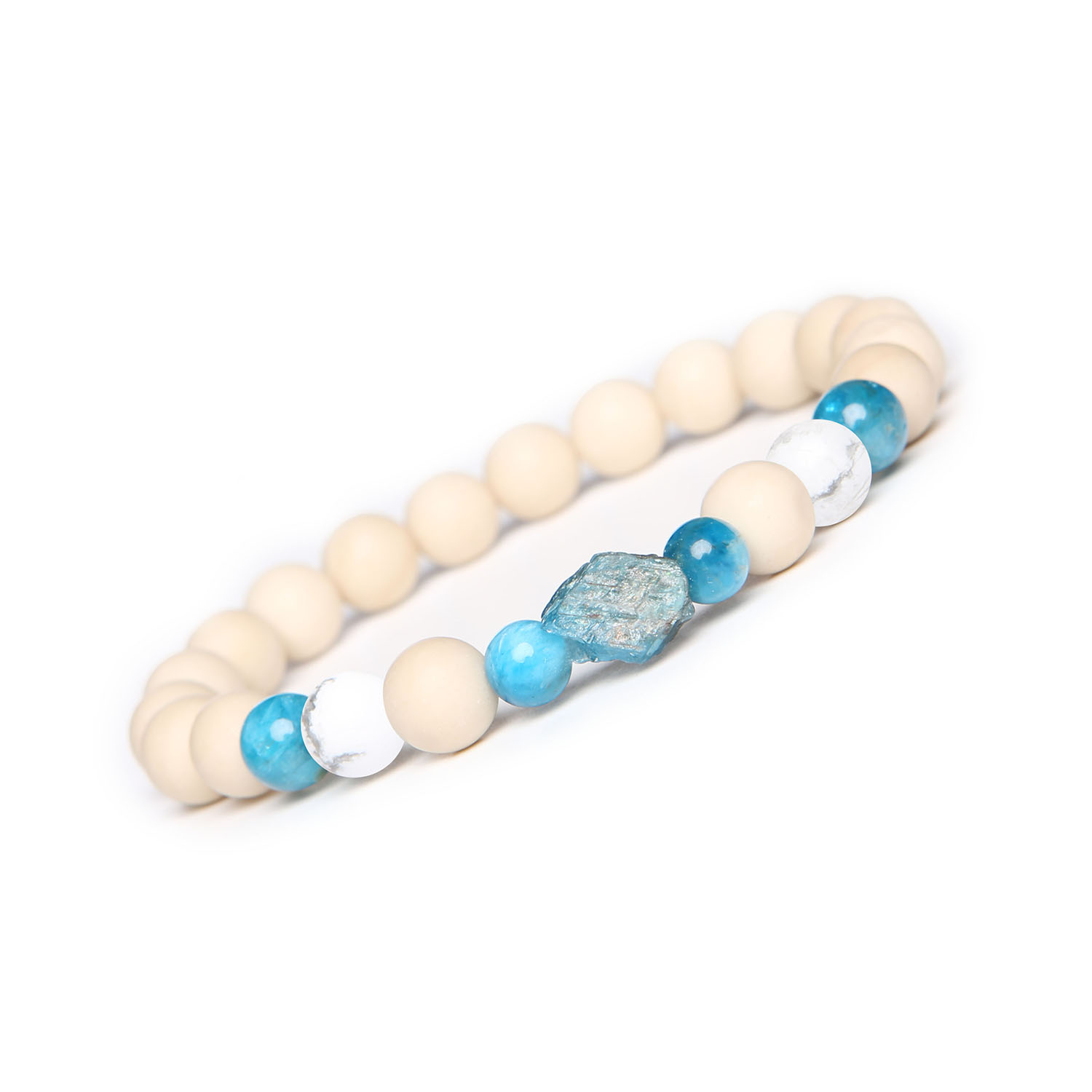 Bransoletka z kolekcji Fair Howlit, Apatyt, Kamień Rzeczny. Damska i męska biżuteria, która zachwyca stylem Stylowa bransoletka Fair z kamieniami Howlit, Apatyt i Kamień Rzeczny - idealna dla kobiet i mężczyzn.