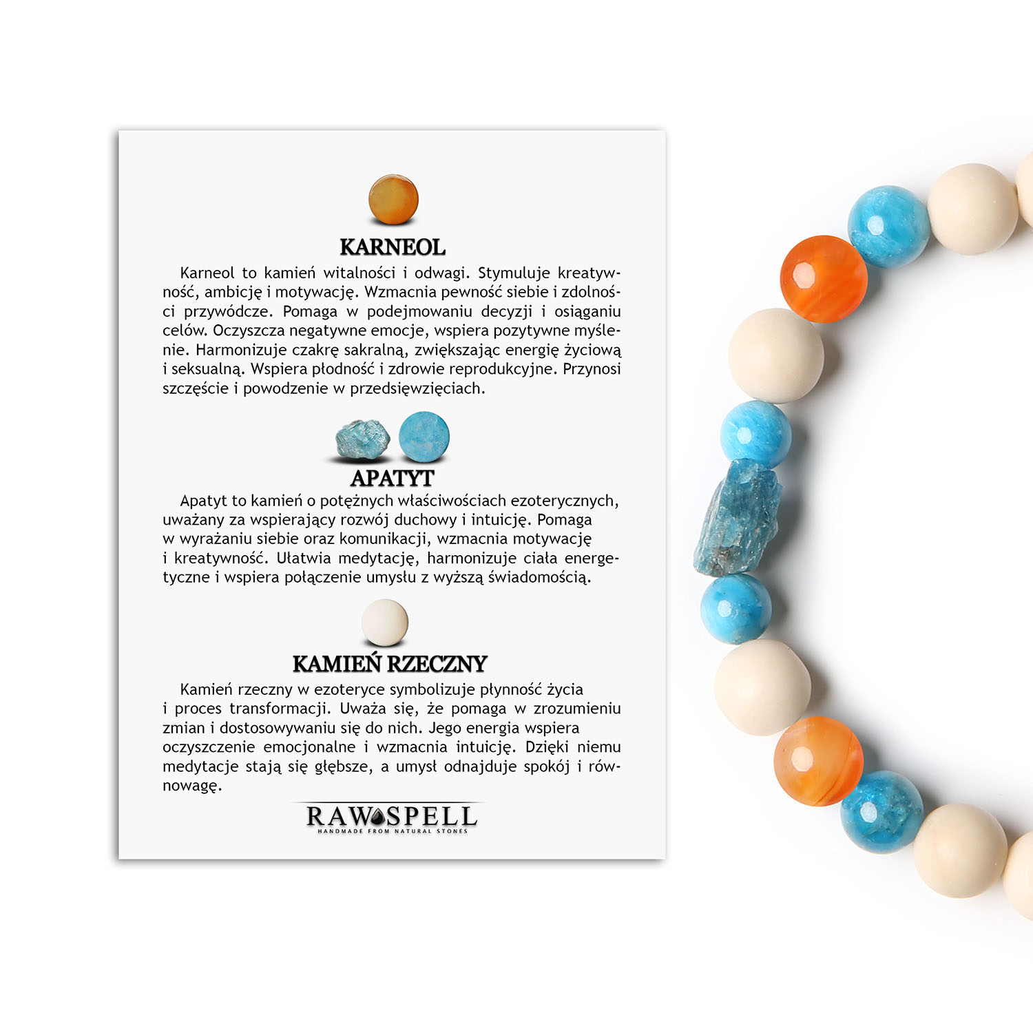 Bransoletka z kolekcji Fair - karneol, apatyt i kamień rzeczny. Uniwersalna dla kobiet i mężczyzn. Styl na każdą okazję Bransoletka damska i męska z kolekcji Fair, ozdobiona karneolem, apatytami i kamieniem rzecznym.