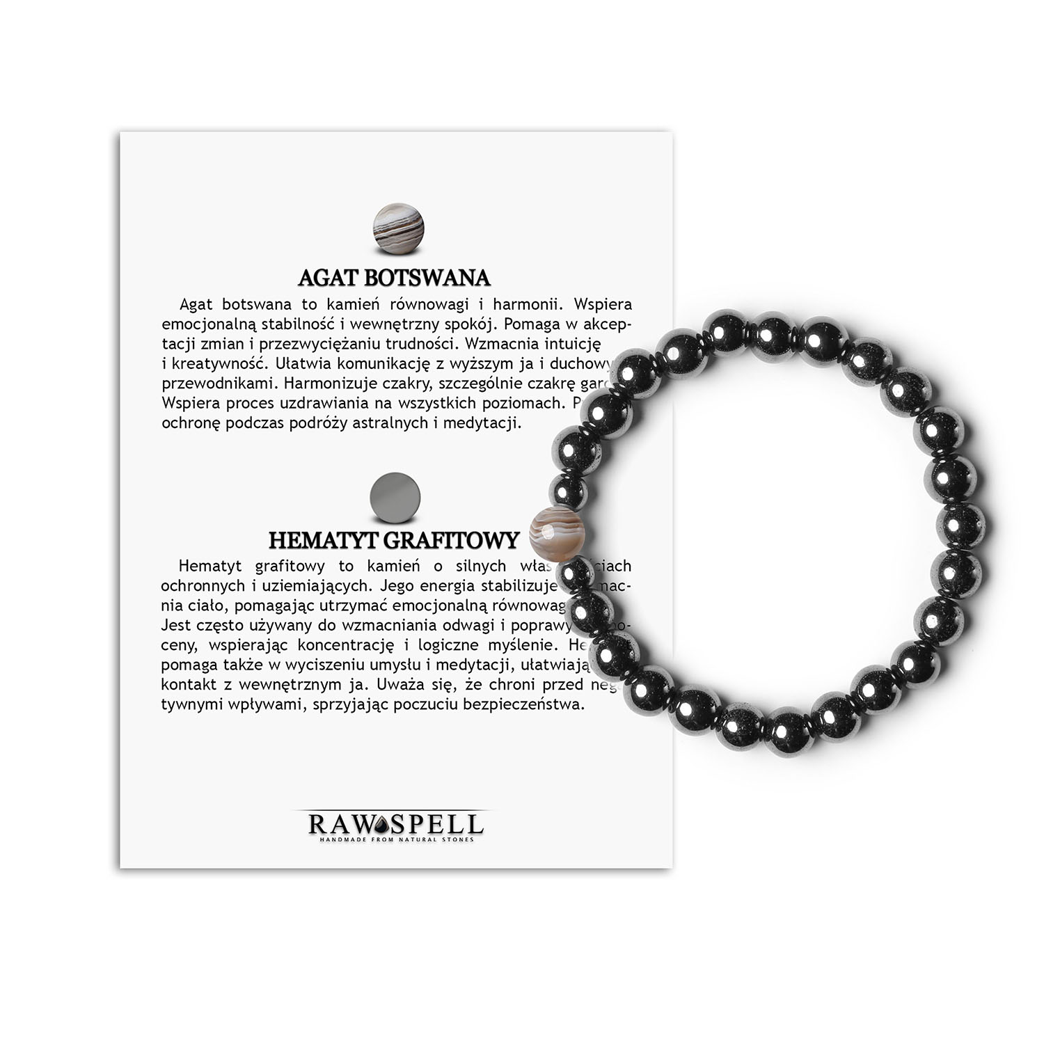 Bransoletka z naturalnych kamieni Agat Botswana i Hematyt - Damska i Męska z kolekcji Binthe Elegancka bransoletka Binthe w kolorach agatu botswanskiego i hematytu grafitowego, stworzona dla kobiet i mężczyzn.