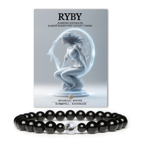 Elegancka bransoletka z naturalnych kamieni dla kobiet, wykonana z łaciatego Księżycowego Kamienia i Onyksu, inspirowana znakiem Zodiaku Ryby.