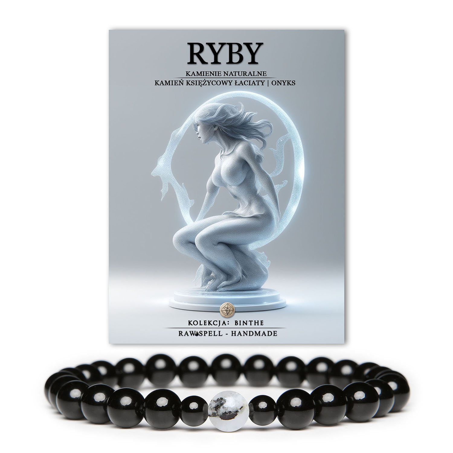 Elegancka bransoletka z naturalnych kamieni dla kobiet, wykonana z łaciatego Księżycowego Kamienia i Onyksu, inspirowana znakiem Zodiaku Ryby.