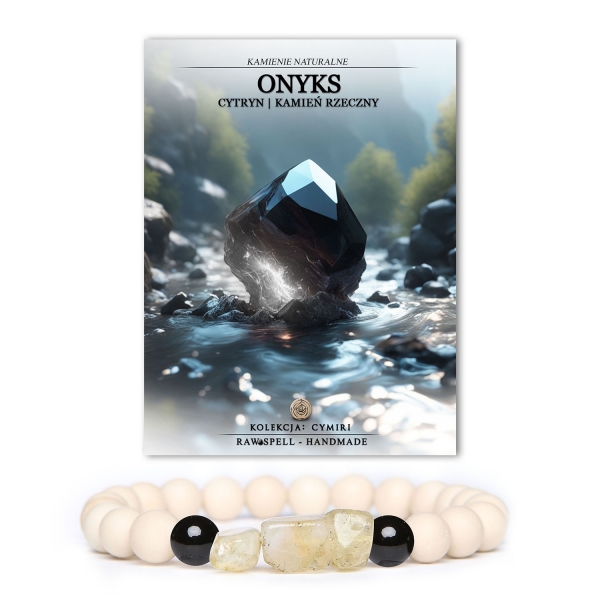 Stylowa bransoletka z kolekcji Cymiri, wykonana z naturalnych kamieni: onyksu, cytrynu i kamienia rzecznego.