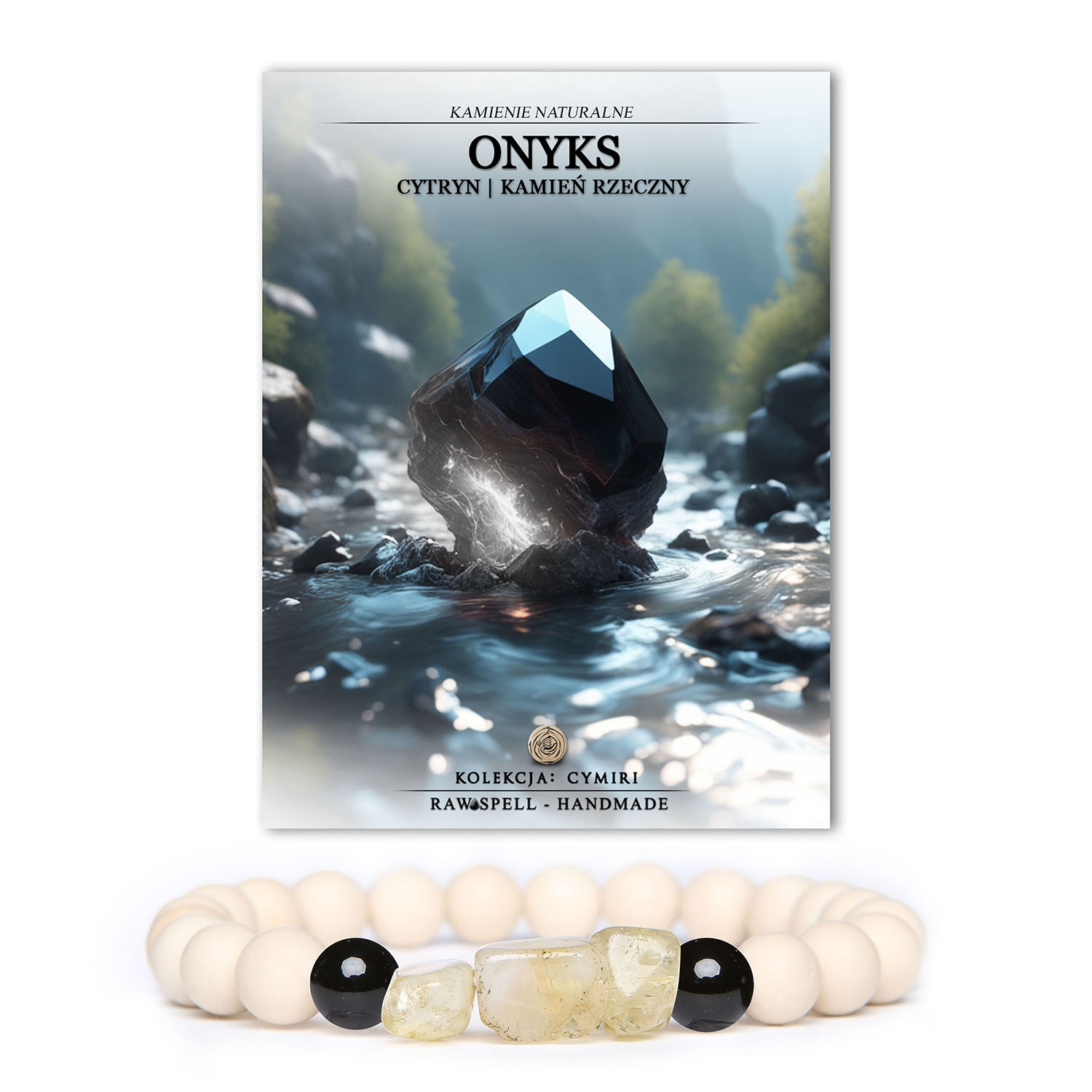 Stylowa bransoletka z kolekcji Cymiri, wykonana z naturalnych kamieni: onyksu, cytrynu i kamienia rzecznego.