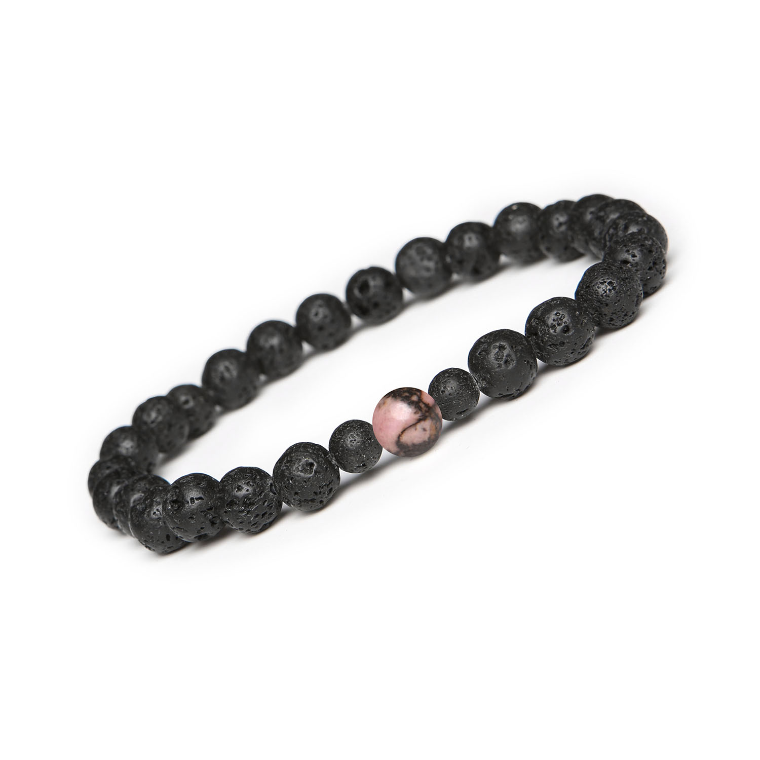 Damska i Męska Bransoletka z Kolekcji Binthe - Rodonit Różowo-Czarny, Lawa Wulkaniczna Bransoletka z lawą wulkaniczną i rodonitem różowo-czarnym z kolekcji Binthe, idealna dla obu płci.