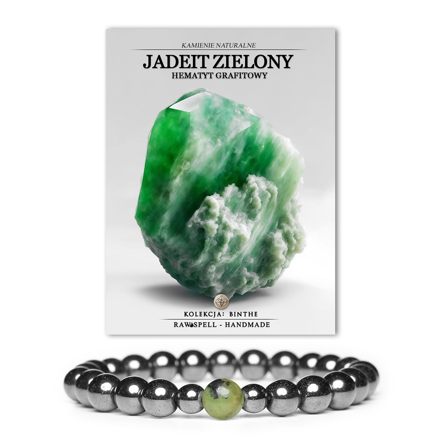 Stylowa bransoletka Binthe z naturalnych kamieni: jadeitu zielonego i hematytu grafitowego, unisex.