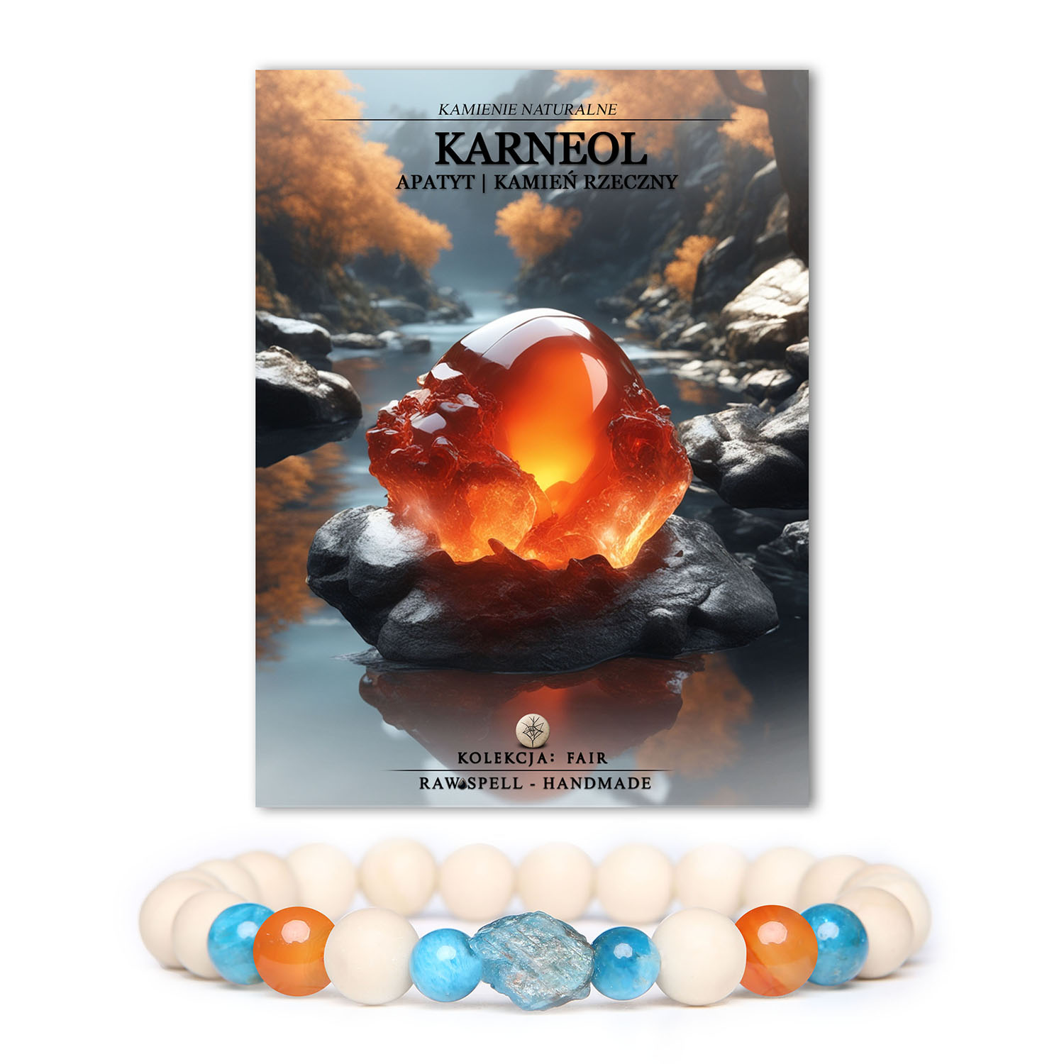 Elegancka bransoletka Fair dla niego i dla niej, zdobiona kamieniami: karneolem, apatytami i kamieniem rzecznym.