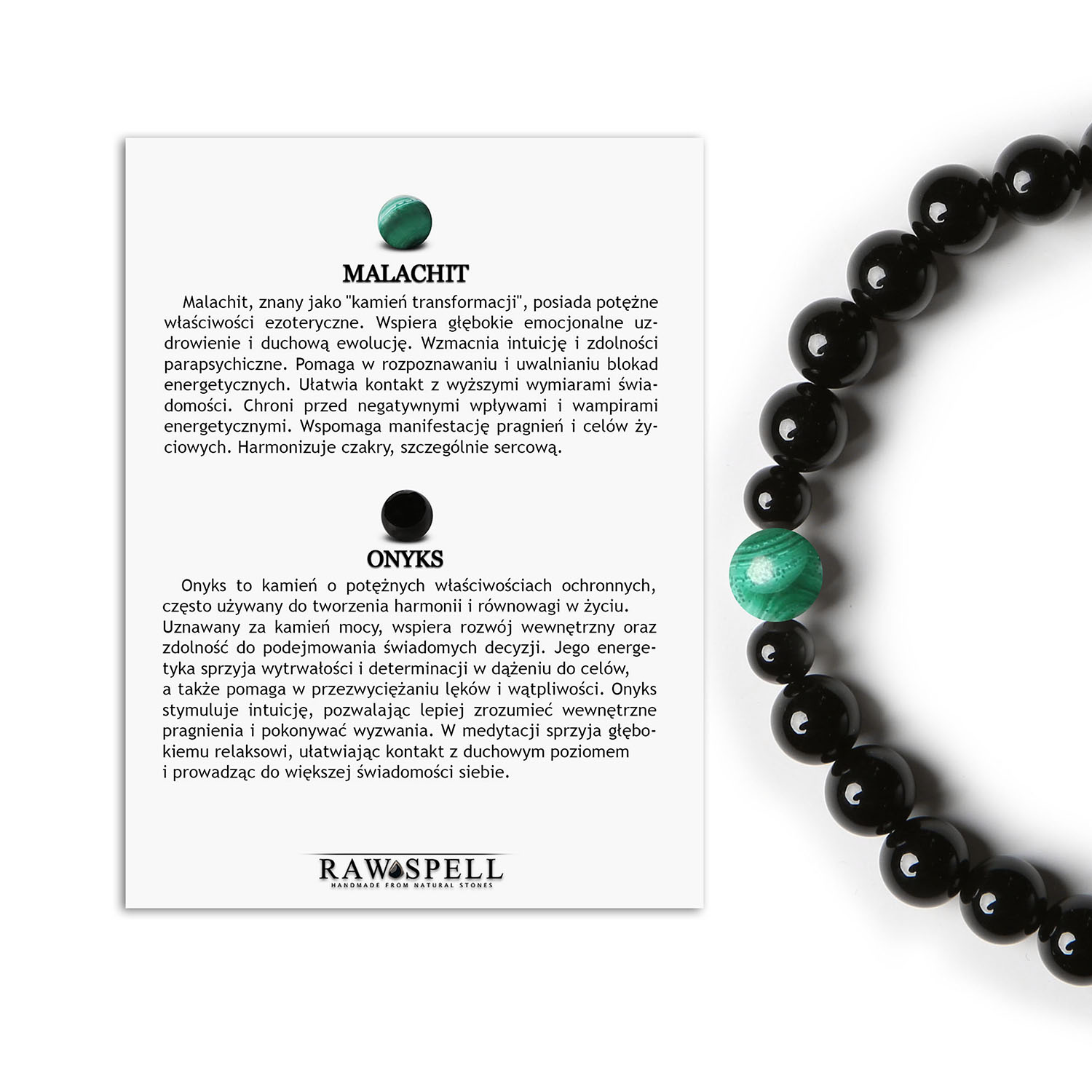 Damska i męska bransoletka z kolekcji Binthe, ozdobiona Malachitem i Onyksami Stylowa bransoletka Binthe z malachitem i onyksem, dostępna w wersji damskiej i męskiej.