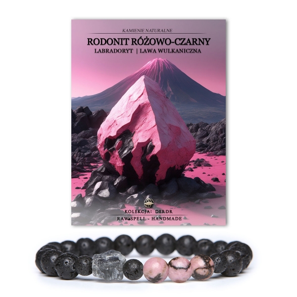 Nowoczesna bransoletka z kolekcji Derdr, skład: rodonit w odcieniach różowo-czarnych, labradoryt oraz lawa wulkaniczna, stworzona dla kobiet i mężczyzn.