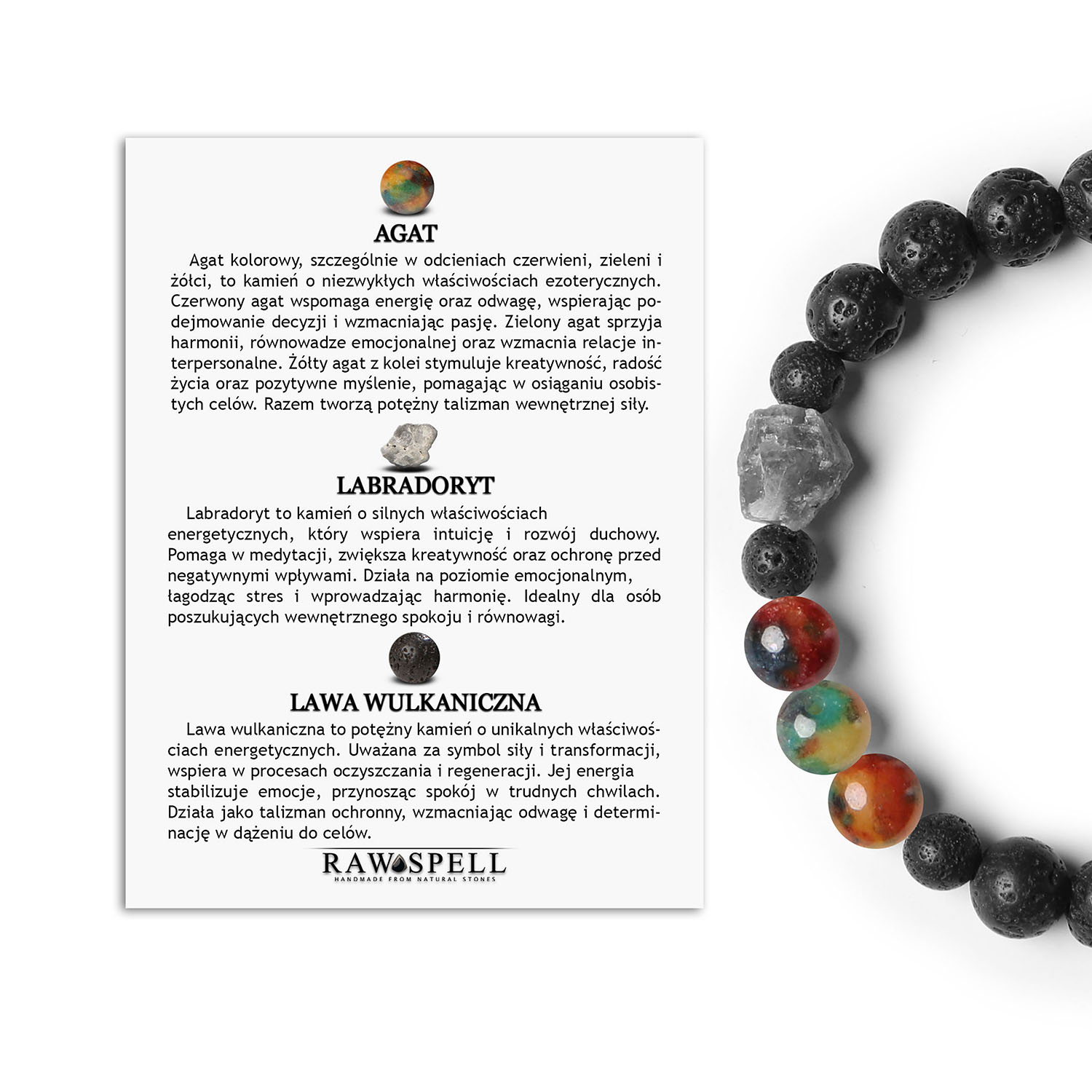 Derdr bransoletka z agatem czerwono-żółto-zielonym, labradorytem i lawą wulkaniczną. Naturalny styl dla dwojga Stylowa bransoletka z kolekcji Derdr, wykonana z naturalnych kamieni: agatów w kolorach czerwonym, żółtym i zielonym, labradorytu oraz lawy wulkanicznej, doskonała na każdą okazję.