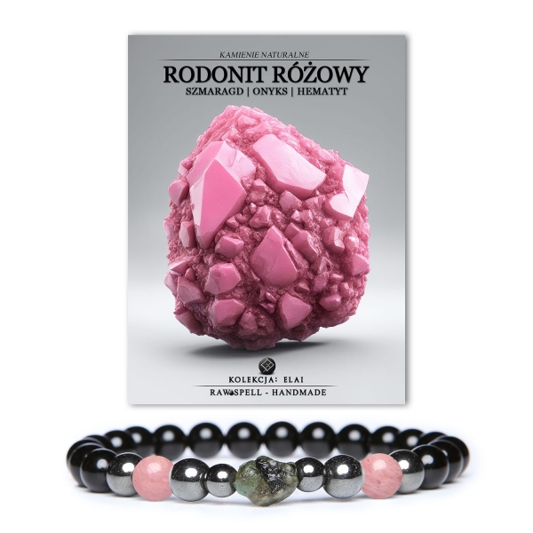 Stylowa bransoletka Elai z różowym rodonitem, szmaragdem, onyksem i grafitowym hematytem, idealna dla kobiet i mężczyzn.