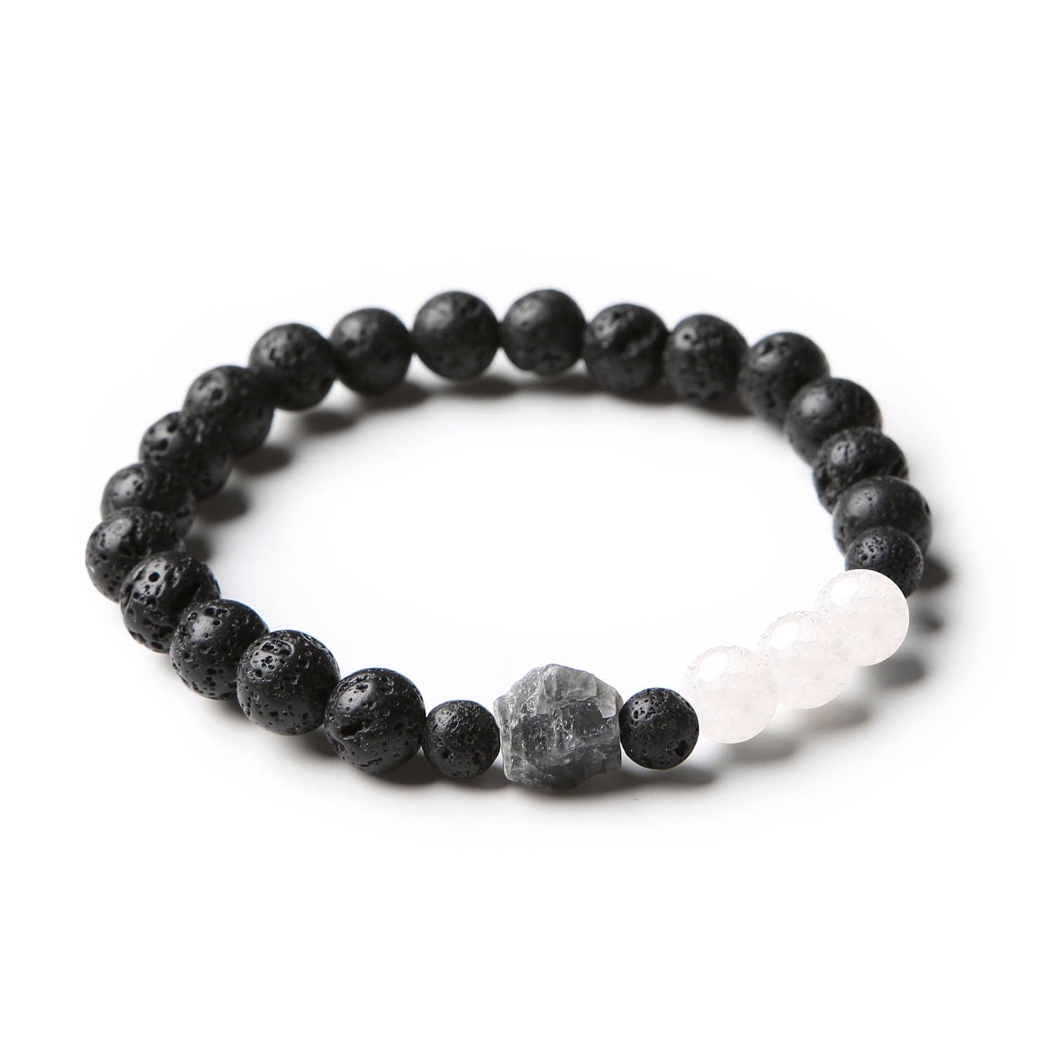 Bransoletka z kolekcji Derdr, wykonana z kryształu górskiego lodowego, labradorytu oraz lawy wulkanicznej, idealna dla kobiet i mężczyzn.