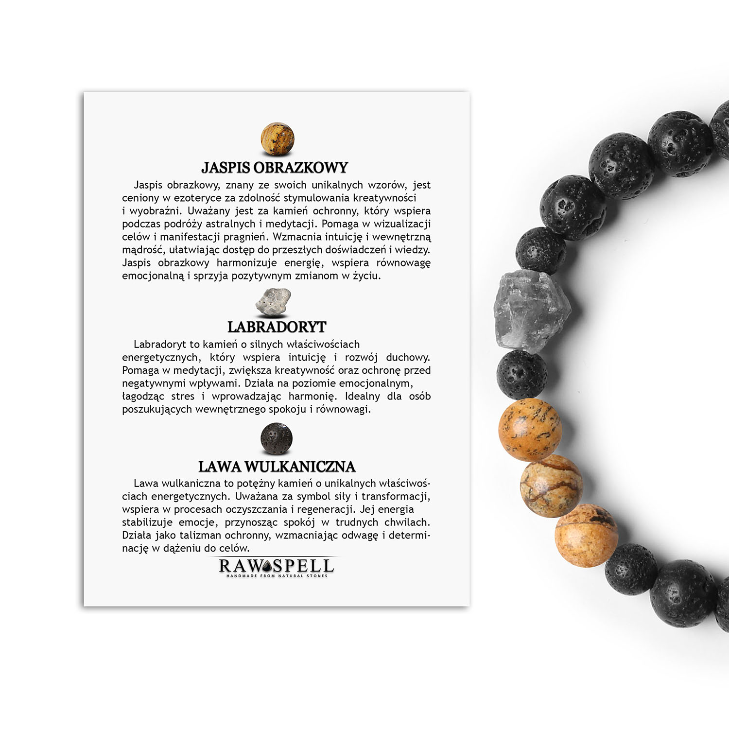 Ekskluzywna bransoletka Derdr z naturalnymi kamieniami Jaspis Obrazkowy, Labradoryt i Lawa Wulkaniczna – dla każdego stylu Elegancka bransoletka z kamieni naturalnych: jaspis obrazkowy, labradoryt i lawa wulkaniczna, unisex, kolekcja Derdr.