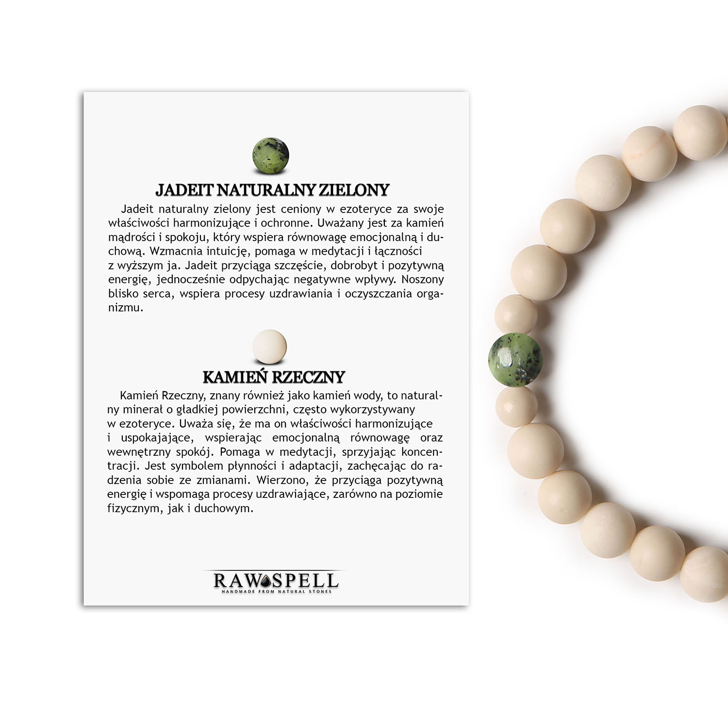 Ekstrawagancka bransoletka Binthe z kamieniami jadeit zielony i kamień rzeczny, dostępna w wersji damskiej i męskiej. Damska i męska bransoletka z kolekcji Binthe, wykonana z zielonego jadeitu i kamieni rzecznych.