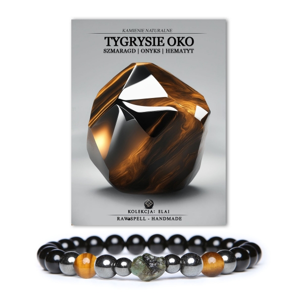 Bransoletka Elai w eleganckim połączeniu tygrysiego oka, szmaragdu, onyksu i hematytu grafitowego, unisex.