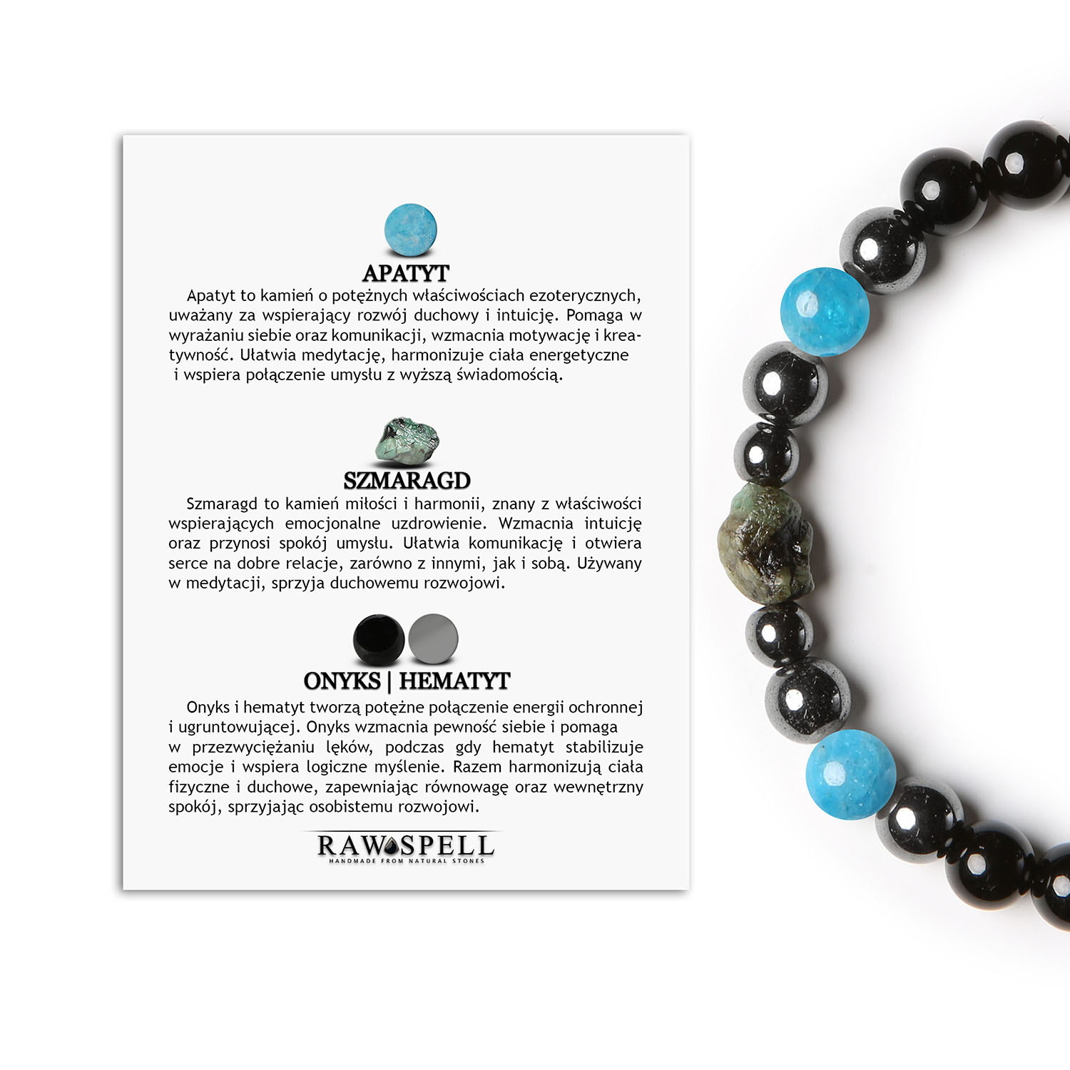 Elai Bransoletka z Apatytu, Szmaragdu, Onyksu oraz Hematytu Grafitowego. Elegancja dla każdego Stylowa bransoletka z kolekcji Elai, wykonana z apatytu, szmaragdu, onyksu oraz hematytu grafitowego, idealna dla kobiet i mężczyzn.