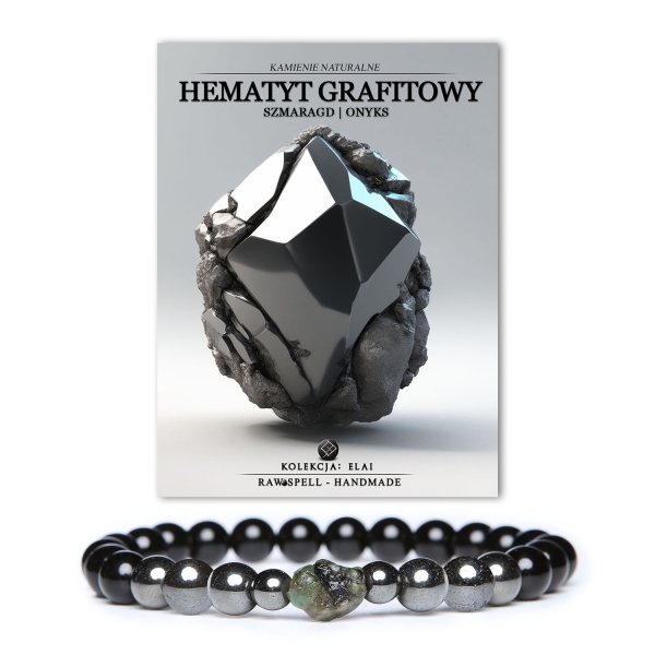 Stylowa bransoletka Elai z hematytem grafitowym, szmaragdem i onyksem, dostępna w wersji damskiej i męskiej.