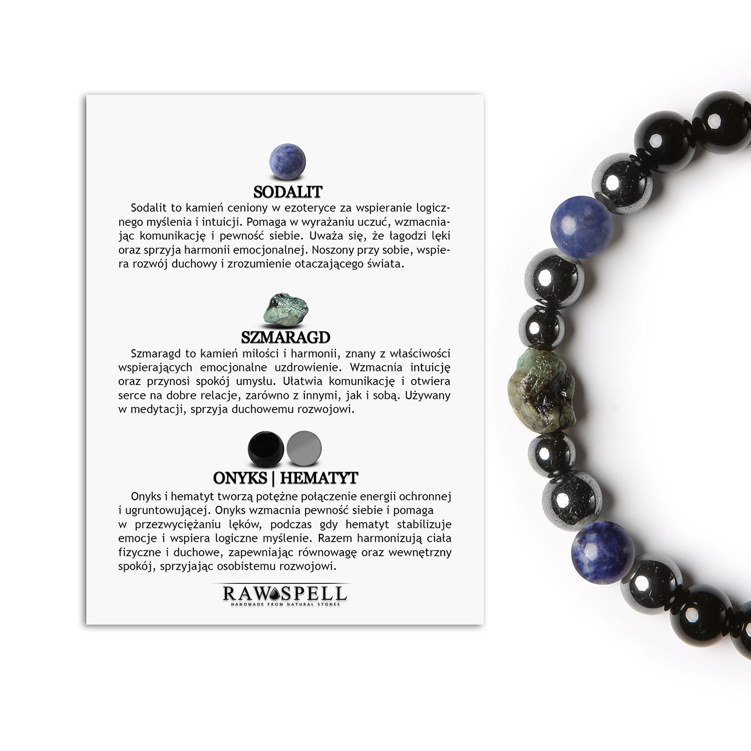 Elai Bransoletka z Sodalitu i Szmaragdu, Onyks i Hematyt. Klasyka dla kobiet i mężczyzn Stylowa bransoletka Elai z naturalnymi kamieniami: sodalitem, szmaragdem, onyksami i hematytem grafitowym, unisex - dla pań i panów.