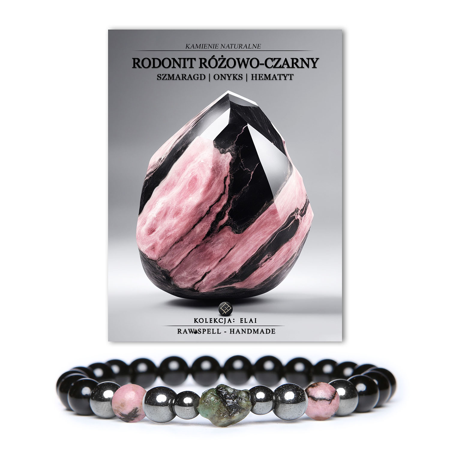 Stylowa bransoletka z kolekcji Elai wykonana z różowo-czarnych kamieni rodonitu, szmaragdu, onyksu oraz hematytu grafitowego, odpowiednia dla obu płci.