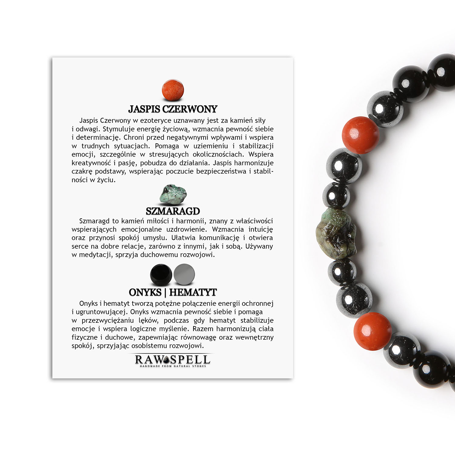 Elai Collection Damska i męska bransoletka z Jaspisem Czerwonym, Szmaragdem, Onyks i Hematytem Grafitowym Bransoletka z kolekcji Elai - unikalne połączenie Jaspisu Czerwonego, Szmaragdu, Onyksu i Hematytu Grafitowego, dostępna dla każdej płci.