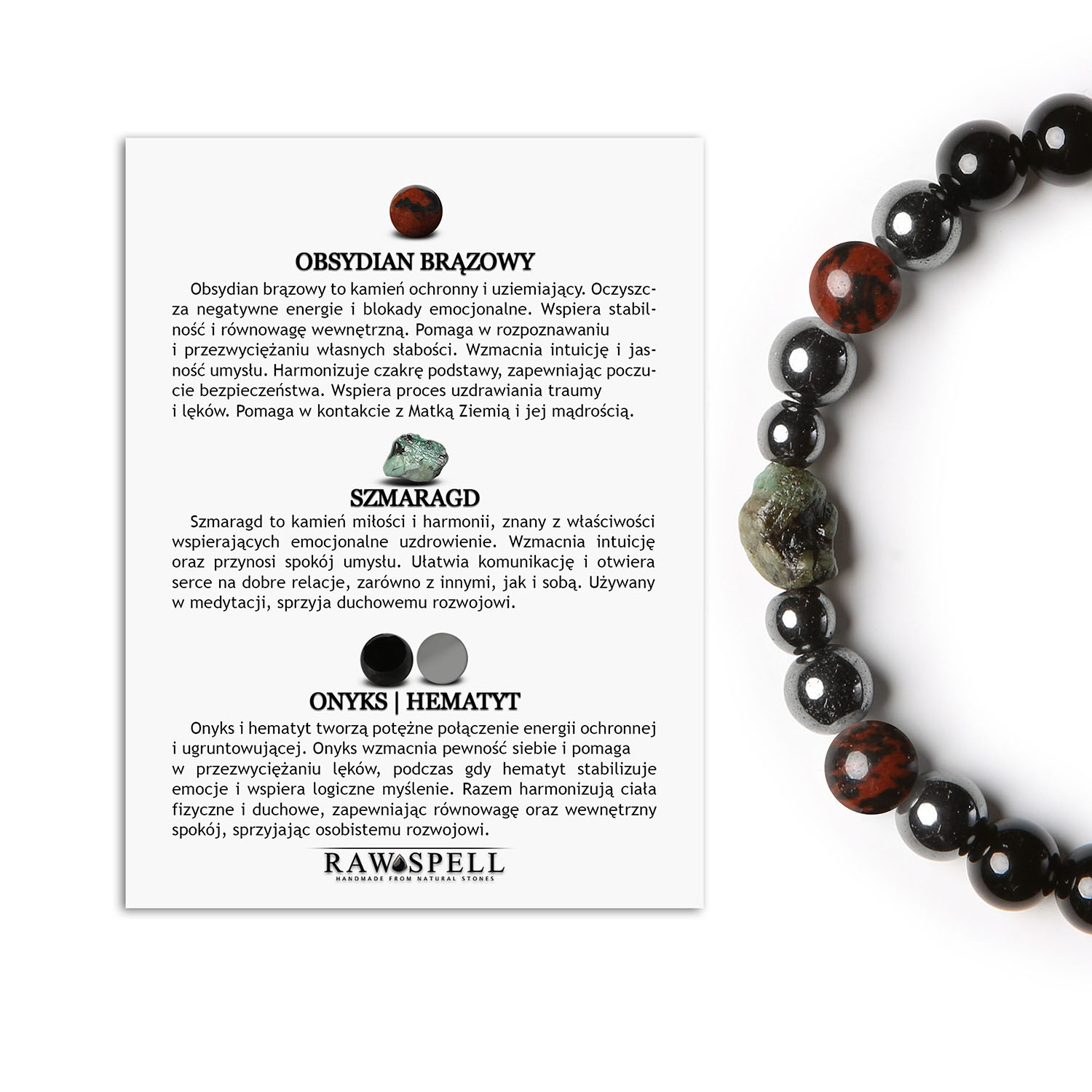 Elai - bransoletka damsko-męska z Obsydianem Brązowym, Szmaragdem, Onyks i Hematytem. Modny wybór Bransoletka Elai z naturalnych kamieni: brązowy obsydian, szmaragd, onyks i hematyt grafitowy - doskonały wybór dla kobiet i mężczyzn.