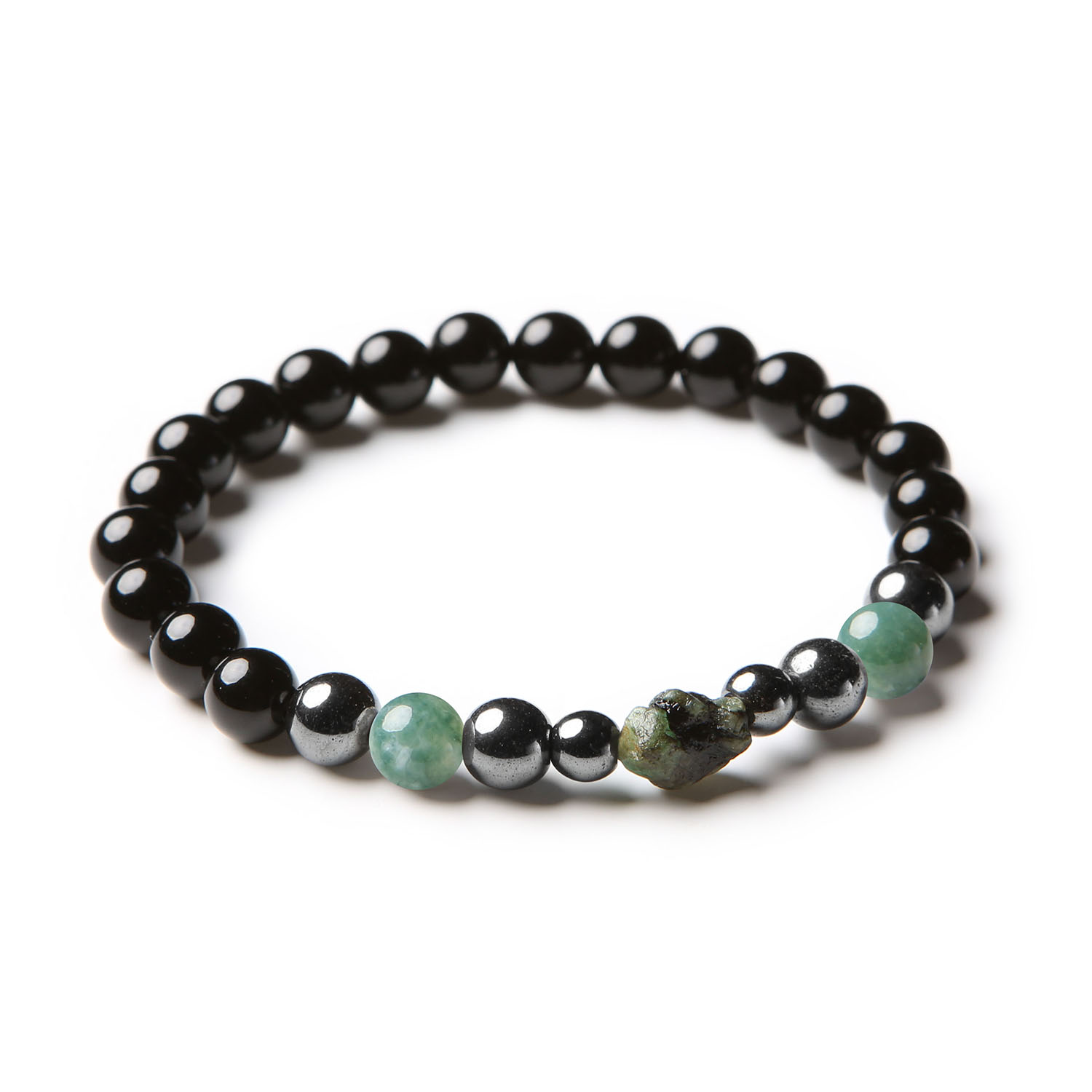 Bransoletka Elai w unisexowym stylu, wykonana z naturalnych kamieni: agatu mszystego, szmaragdu, onyxu i hematytu grafitowego.