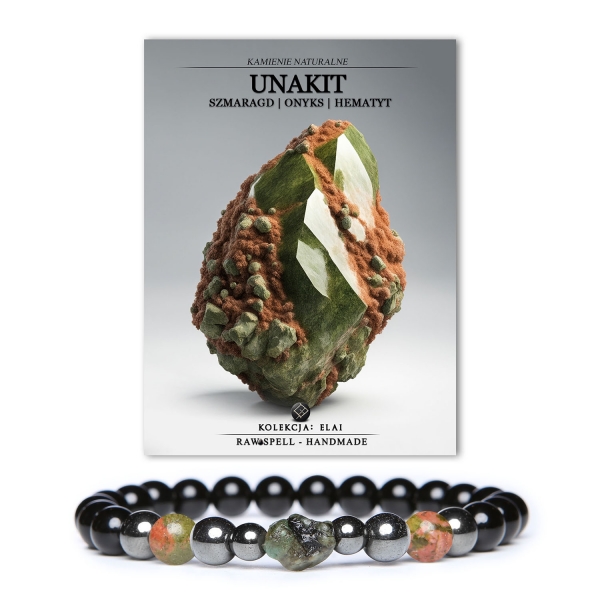 Damska i męska bransoletka z kolekcji Elai z kamieniami unakit, szmaragd, onyks oraz hematyt grafitowy – piękna biżuteria na każdą okazję.
