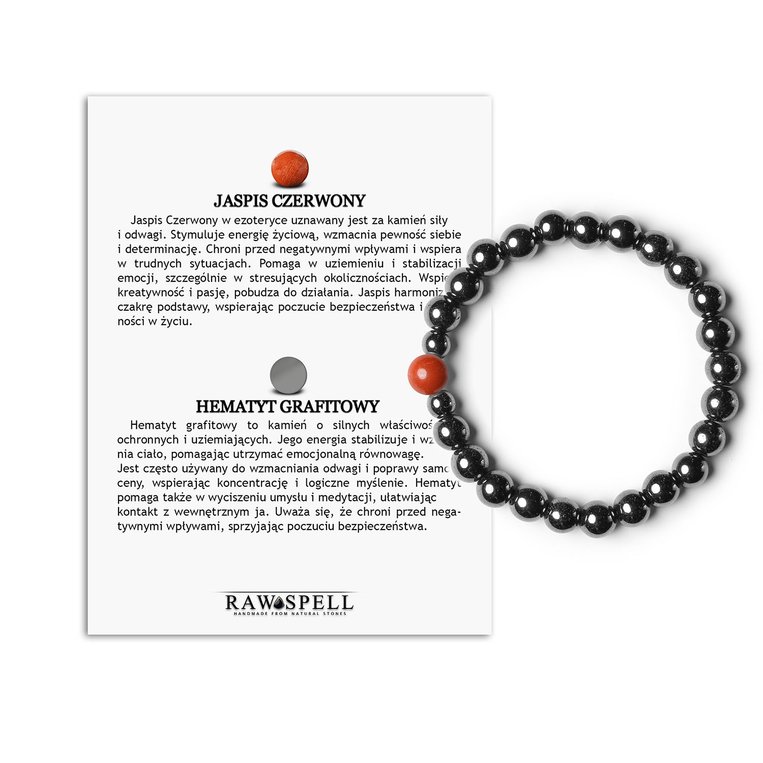 Elegancka Bransoletka Binthe Czerwony Jaspis, Hematyt i Grafitowe Kamienie Naturalne Elegancka bransoletka z kolekcji Binthe, wykonana z czerwonego jaspisu i hematytu grafitowego, zawierająca naturalne kamienie.