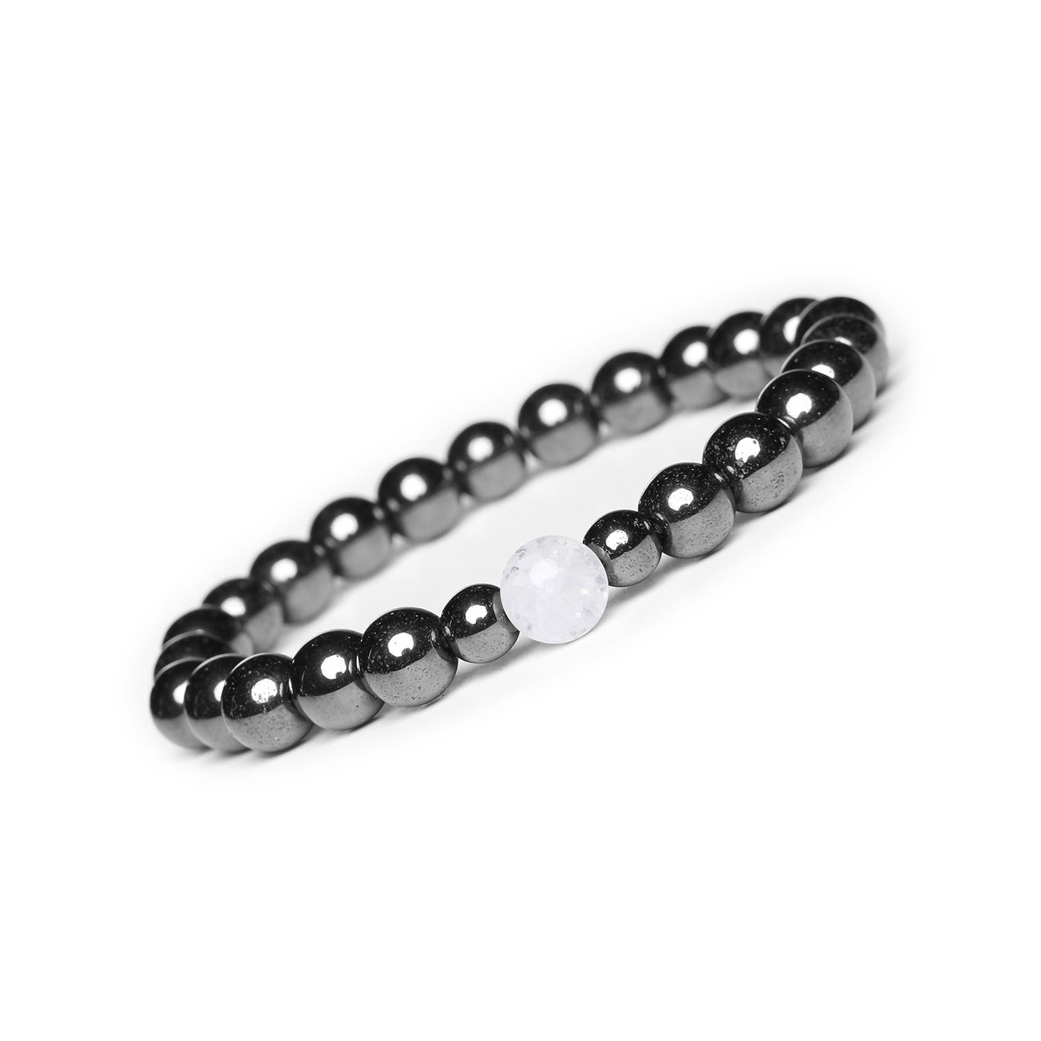 Elegancka Bransoletka Binthe z Lodowym Kryształem Górskim i Grafitowym Hematytem – Dla Niej i Dla Niego Bransoletka Binthe z kryształem górskim i hematytem w odcieniach lodowego grafitu - idealna dla kobiet i mężczyzn.