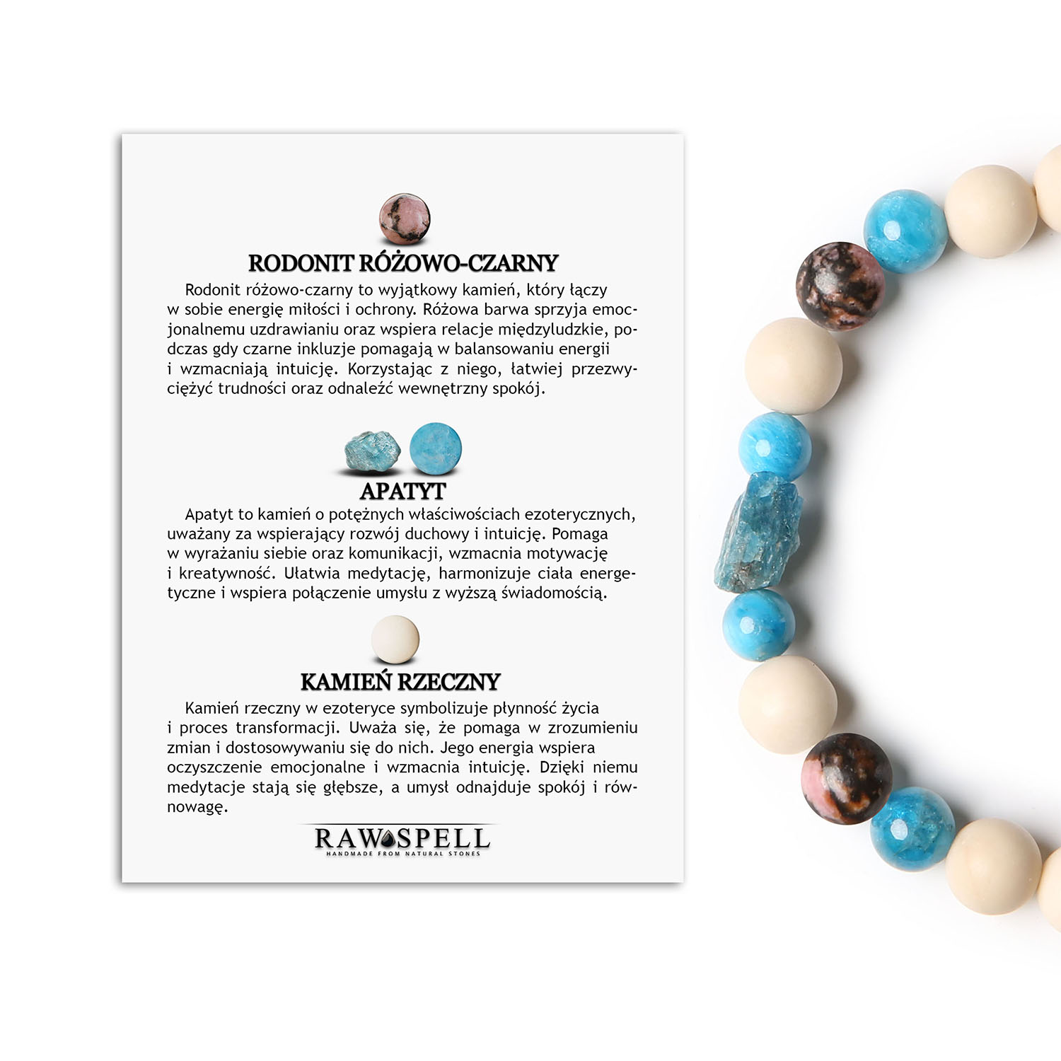 Elegancka Bransoletka Fair - Rodonit Różowo-Czarny, Apatyt, Kamień Rzeczny Uniwersalna Damska i Męska Bransoletka Fair - połączenie rodonitu różowo-czarnego, apatytu i kamienia rzecznego, uniwersalny dodatek dla kobiet i mężczyzn.