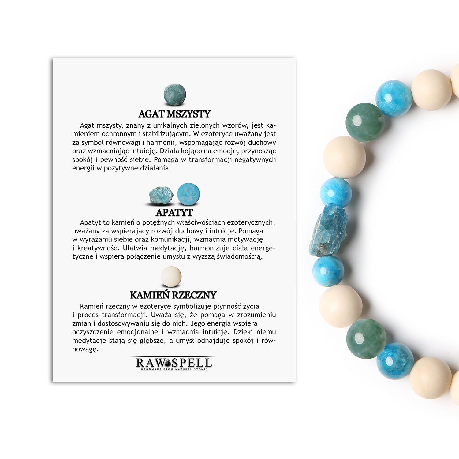 Elegancka Bransoletka z Kolekcji Fair Agat Mszysty, Apatyt i Kamień Rzeczny - Modele Damskie i Męskie Bransoletka Fair, tworzona z agatów mszystych, apatytem oraz kamieniem rzecznym, dostępna dla obu płci.