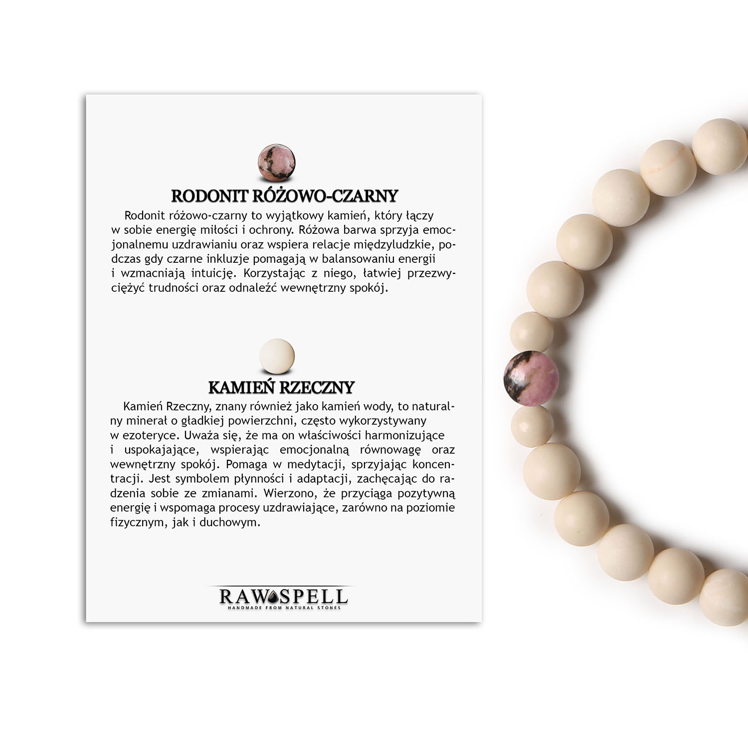 Elegancka bransoletka Binthe - Rodonit Różowo-Czarny oraz Kamień Rzeczny Damska i Męska wersja Bransoletka z naturalnych kamieni od Binthe, zawierająca rodonit w kolorach różu i czerni oraz kamień rzeczny, dedykowana dla kobiet i mężczyzn.