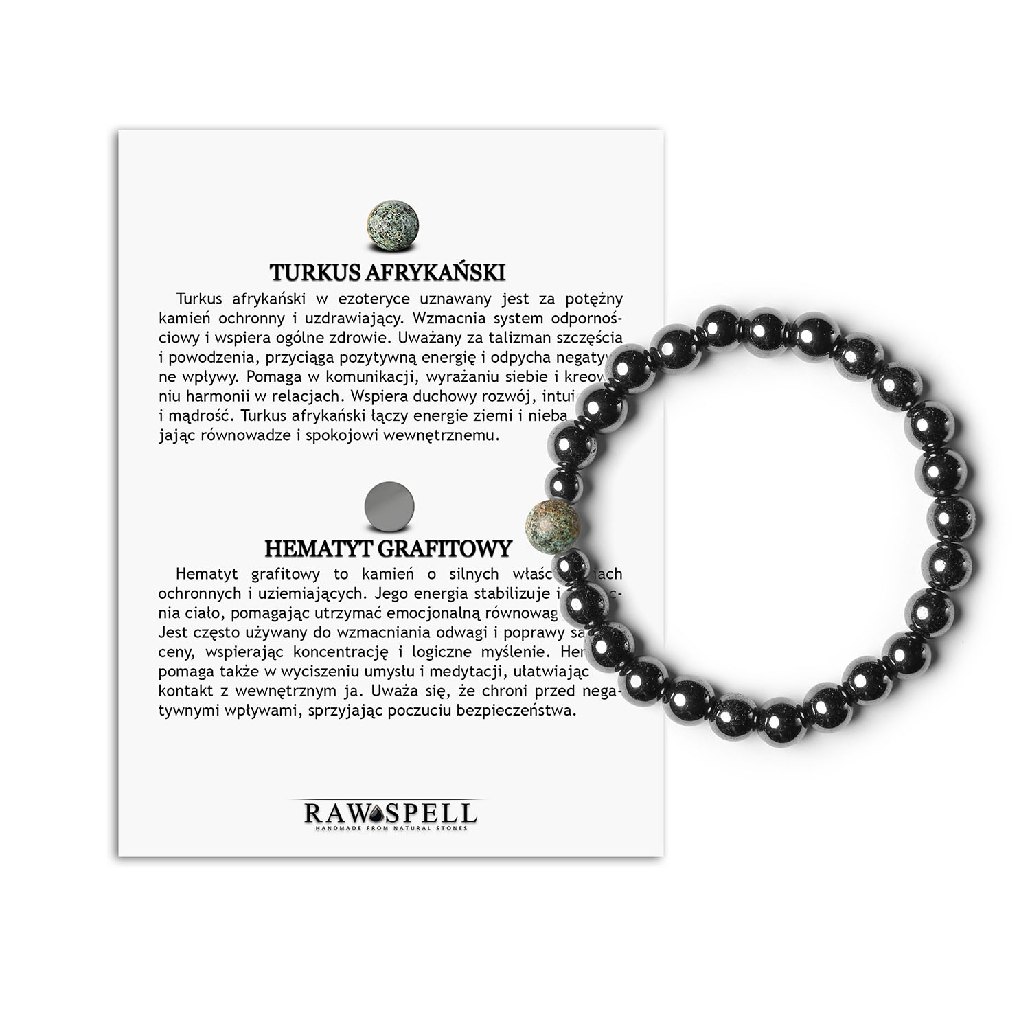 Elegancka bransoletka Binthe naturalne kamienie - Turkus Afrykański i Hematyt Grafitowy dla niej i dla niego Stylowa bransoletka Binthe ozdobiona turkusem afrykańskim i hematytem grafitowym, dedykowana zarówno dla kobiet, jak i mężczyzn.