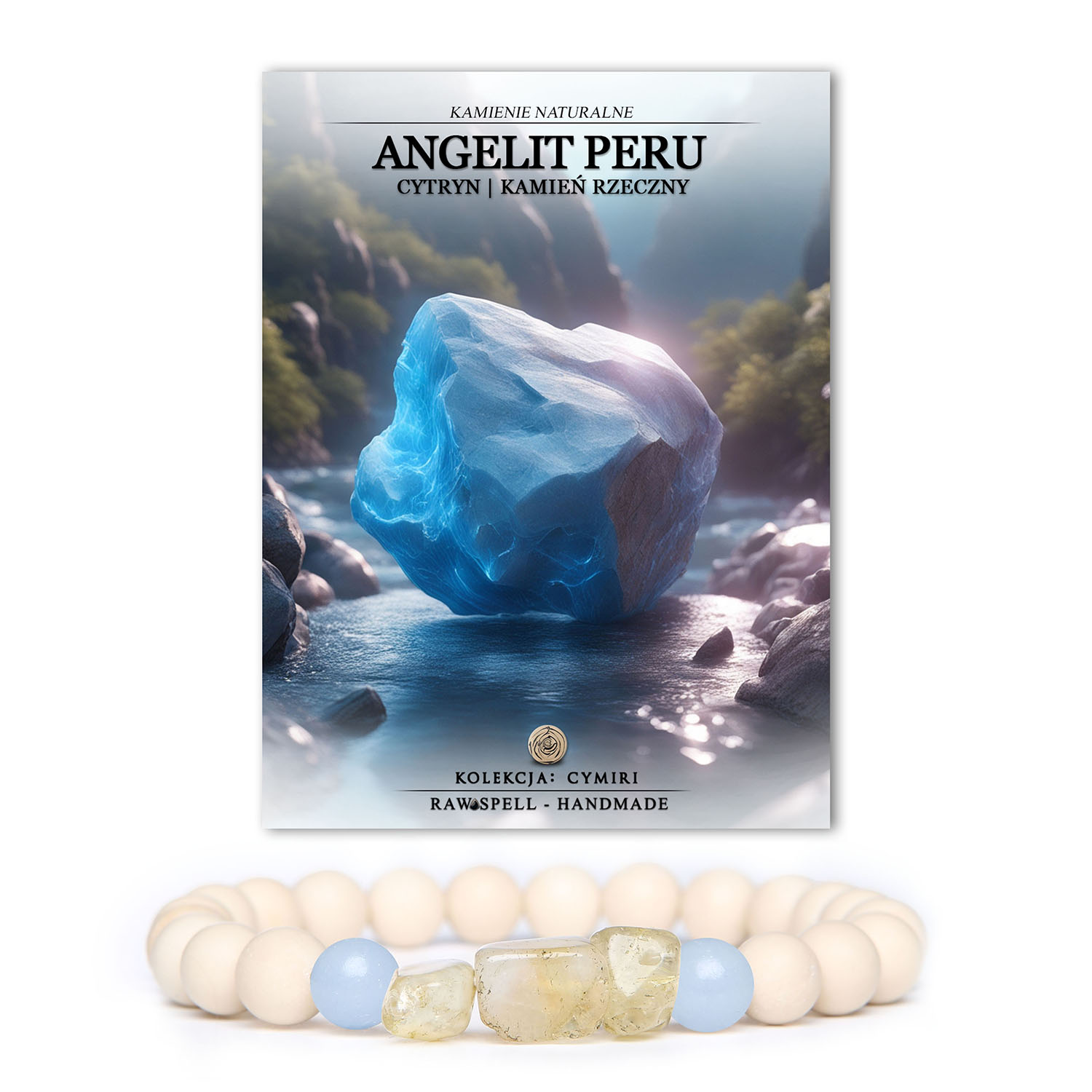 Stylowa bransoletka Cymiri z kamieni naturalnych: angelit, cytryn i kamień rzeczny, przeznaczona dla obu płci.
