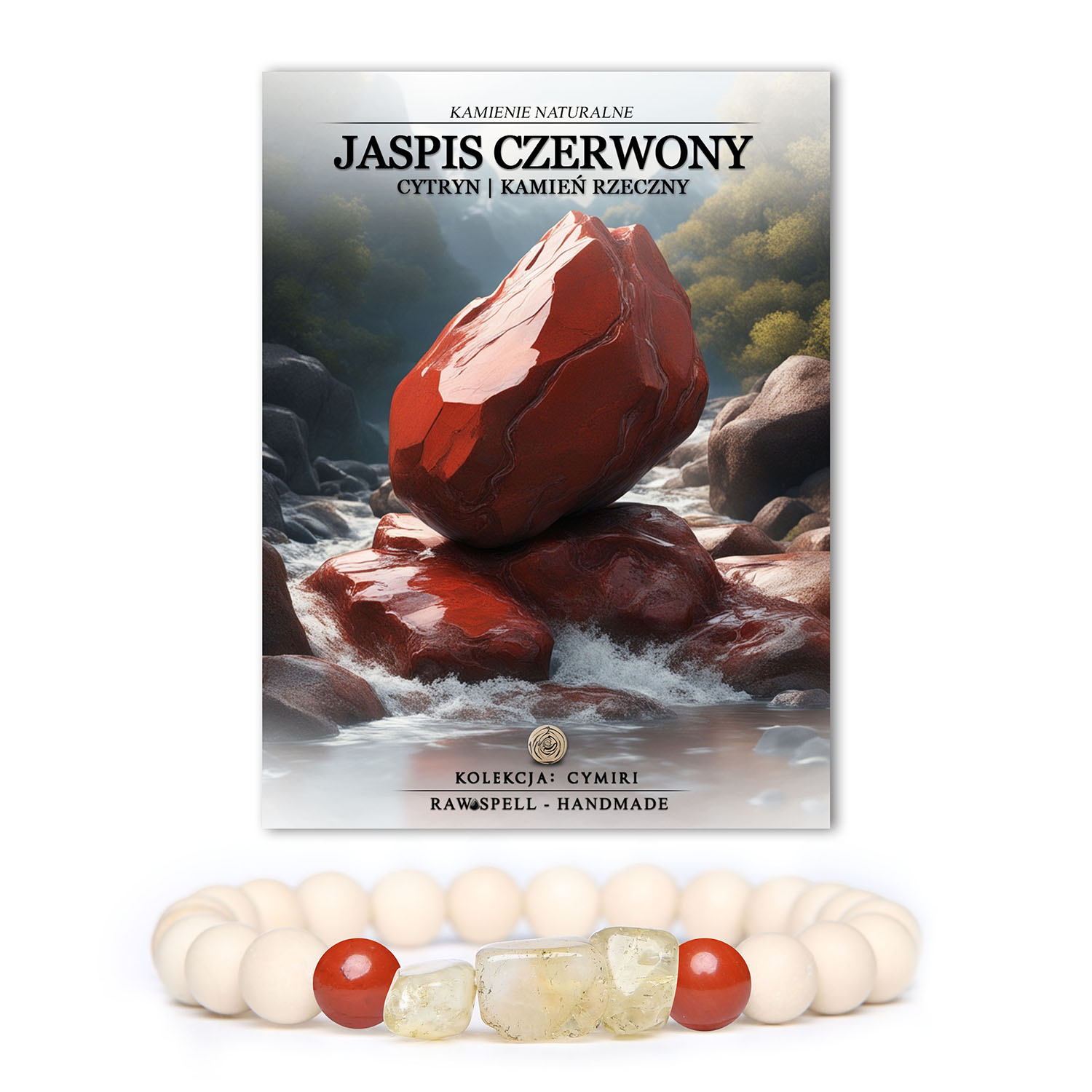 Bransoletka z kolekcji Cymiri z kamieni naturalnych, w składzie jaspis czerwony, cytryn i kamień rzeczny, dedykowana zarówno mężczyznom, jak i kobietom.
