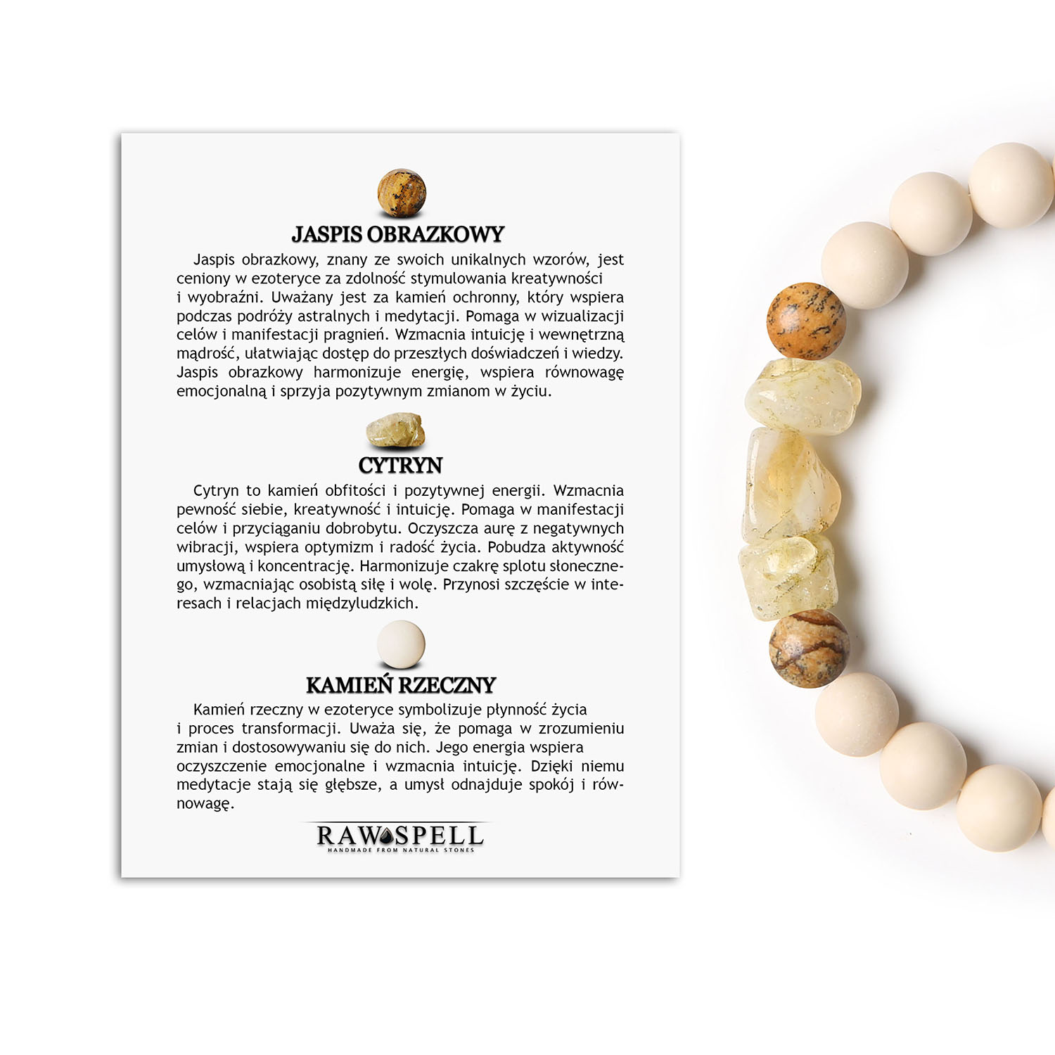 Elegancka bransoletka Cymiri z Jaspisem Obrazkowym, Cytrynem i Kamieniem Rzecznym. Dla mężczyzn i kobiet Stylowa bransoletka Cymiri z kamieni naturalnych, w tym Jaspisu Obrazkowego, Cytrynu i Kamienia Rzecznego, pasująca zarówno dla mężczyzn, jak i kobiet.