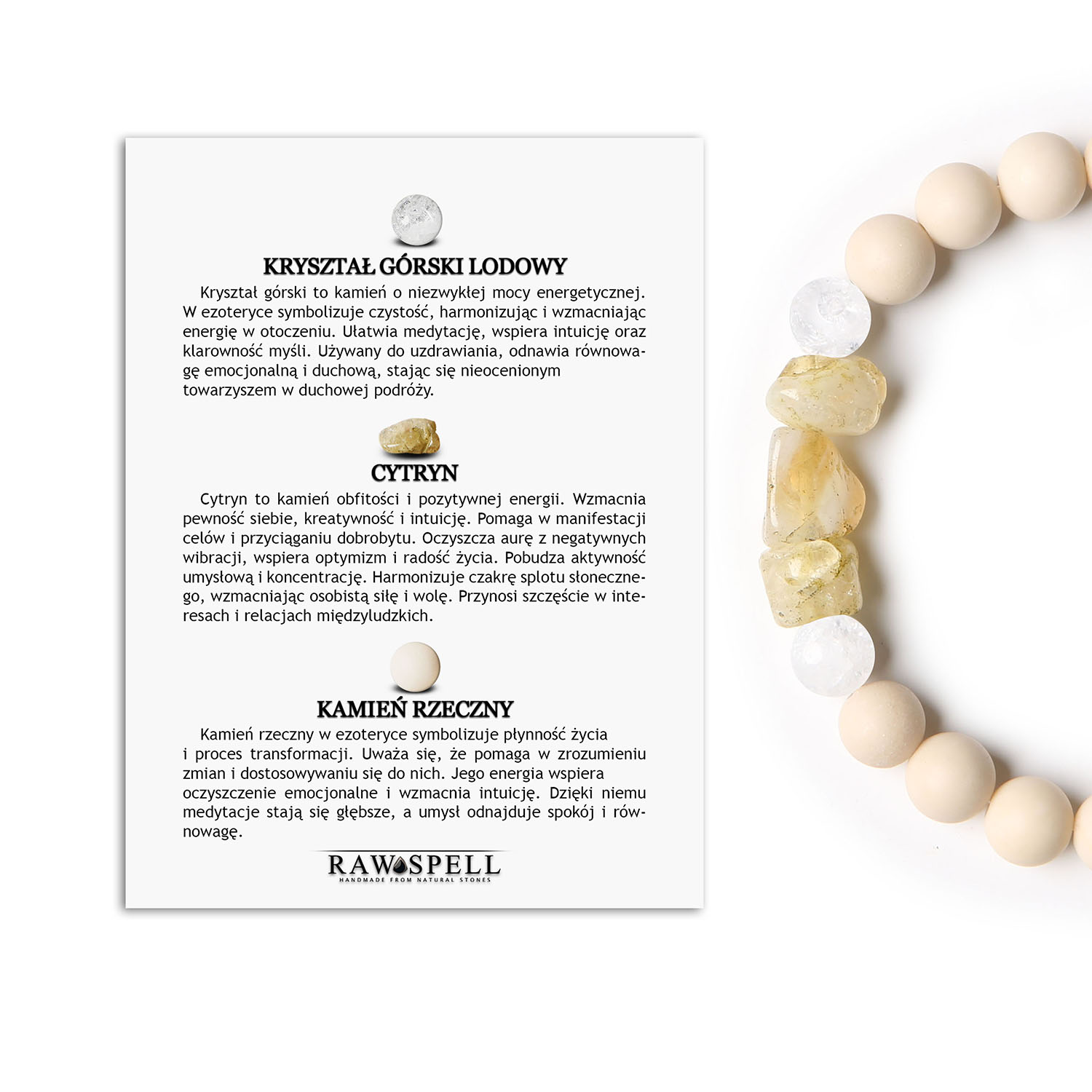 Elegancka bransoletka Cymiri z Kryształem Górskim Lodowym, Cytrynem i Kamieniem Rzecznym. Styl dla każdego Stylowa bransoletka z naturalnych kamieni: kryształ górski lodowy, cytryn oraz kamień rzeczny – idealny dodatek na każdą okazję.