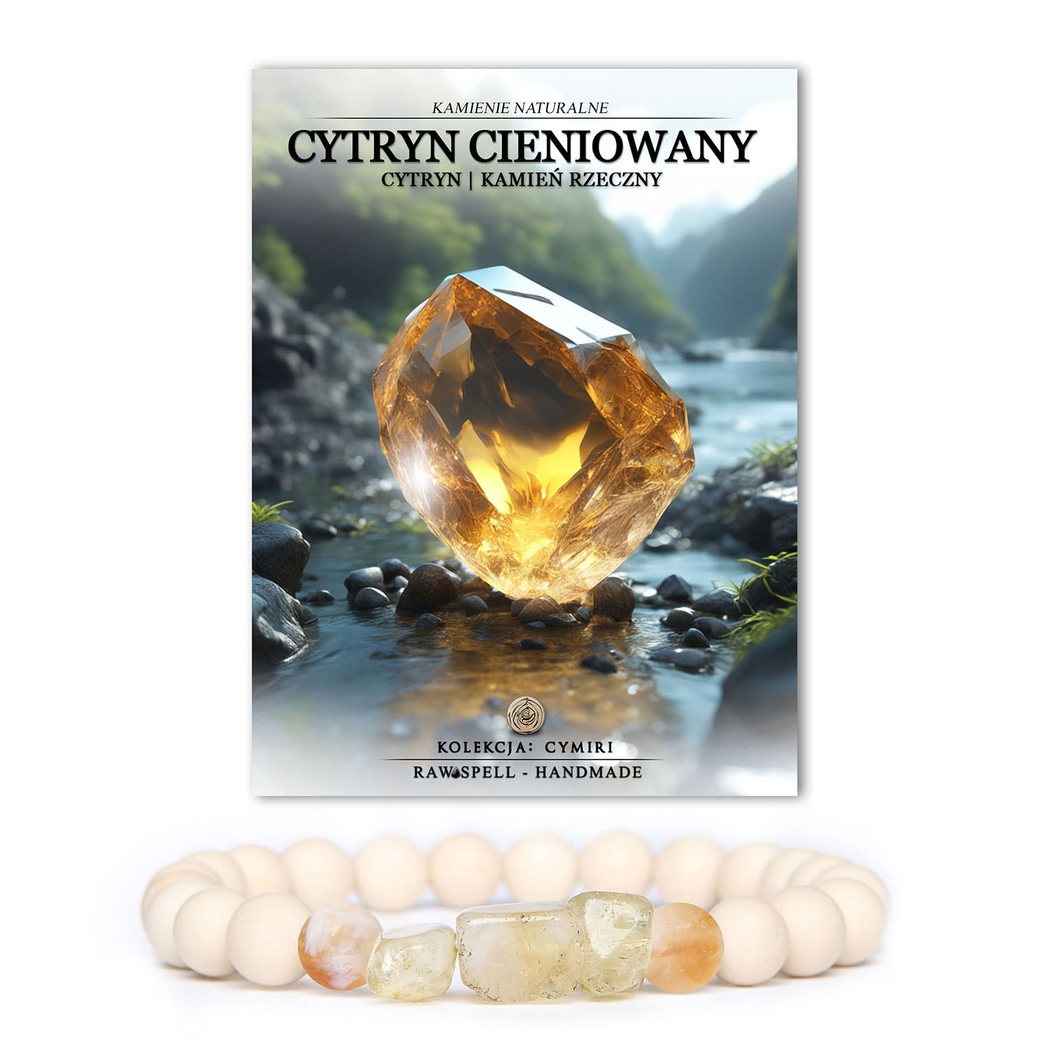 Bransoletka unisex z kolekcji Cymiri, wykonana z naturalnych kamieni, takich jak cieniowany cytryn, cytryn i kamień rzeczny, dodająca uroku każdej stylizacji.