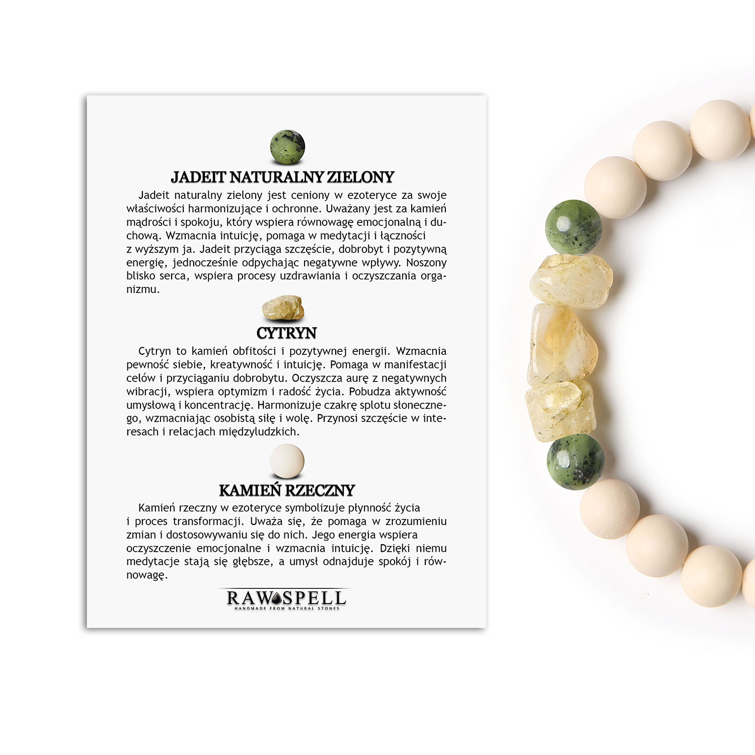 Elegancka bransoletka Cymiri z naturalnych kamieni jadeit zielony, cytryn, kamień rzeczny. Idealna dla Niej i Niego Zestaw naturalnych kamieni w bransoletce Cymiri: jadeit zielony, cytryn oraz kamień rzeczny, przeznaczona dla mężczyzn i kobiet.