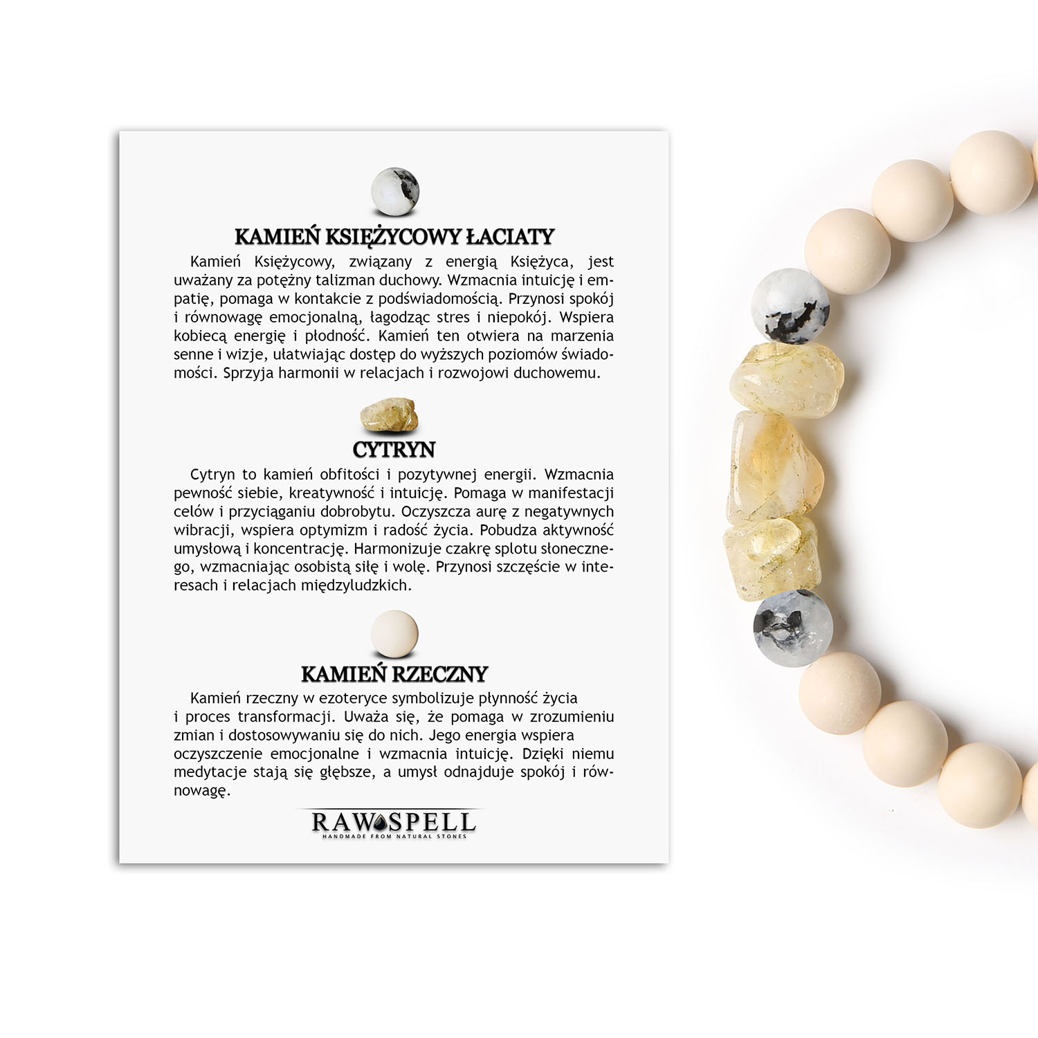 Elegancka bransoletka Cymiri z naturalnymi kamieniami Księżycowy Łaciaty, Cytryn i Rzeczny. Dla Mężczyzn i Kobiet Bransoletka unikatowa z kamieni naturalnych w kolekcji Cymiri, zawierająca kamień księżycowy łaciaty, cytryn oraz kamień rzeczny, stworzona z myślą o mężczyznach i kobietach.