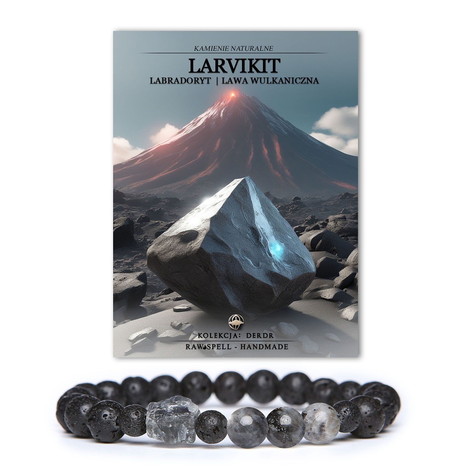 Elegancka bransoletka Derdr, ozdobiona naturalnymi kamieniami: larvikit, labradoryt oraz lawa wulkaniczna, uniwersalny dodatek dla mężczyzn i kobiet.