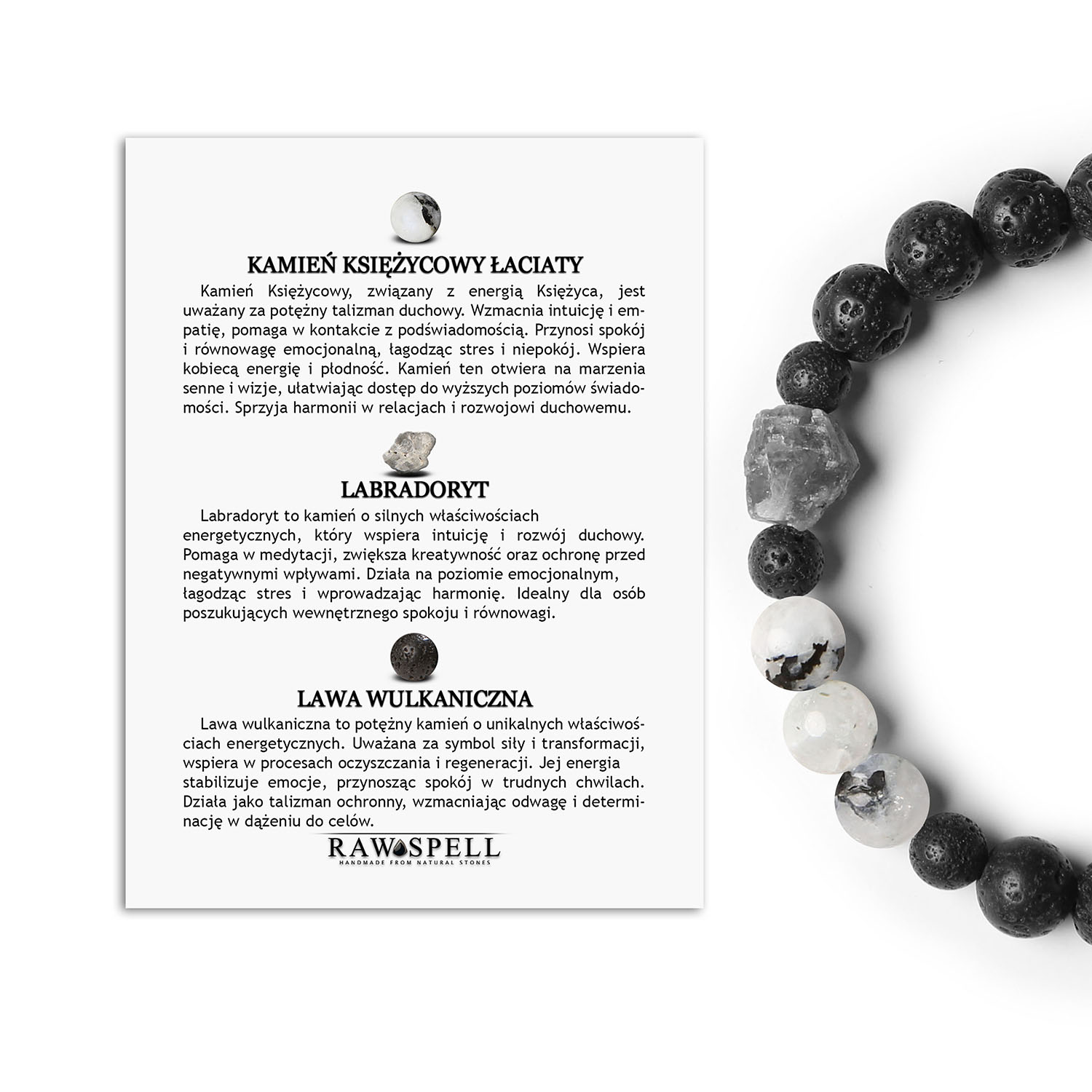 Elegancka bransoletka Derdr z Kamieniem Księżycowym, Labradorytem i Lawą Wulkaniczną. Naturalne kamienie dla kobiet i mężczy Bransoletka z kolekcji Derdr z kamieniem księżycowym łaciatym, labradorytem i lawą wulkaniczną - idealna dla kobiet i mężczyzn.