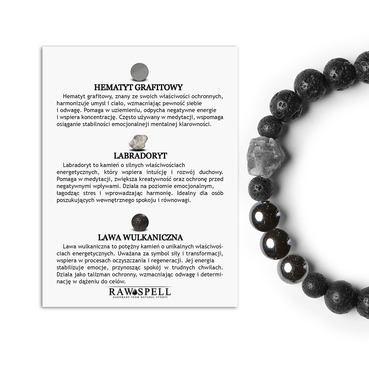 Elegancka bransoletka Derdr z hematytem grafitowym, labradorytem i lawą wulkaniczną. Unikalne połączenie dla kobiet i mężczyzn Stylowa bransoletka Derdr z hematytu, labradorytu i lawy wulkanicznej, łącząca elegancję i naturalne piękno – idealna dla damskiej i męskiej biżuterii.