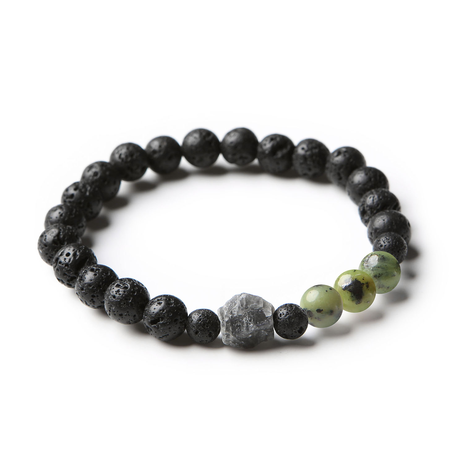Elegancka bransoletka z kolekcji Derdr, składająca się z jadeitu zielonego, labradorytu oraz lawy wulkanicznej, stworzona z naturalnych kamieni dla obu płci.