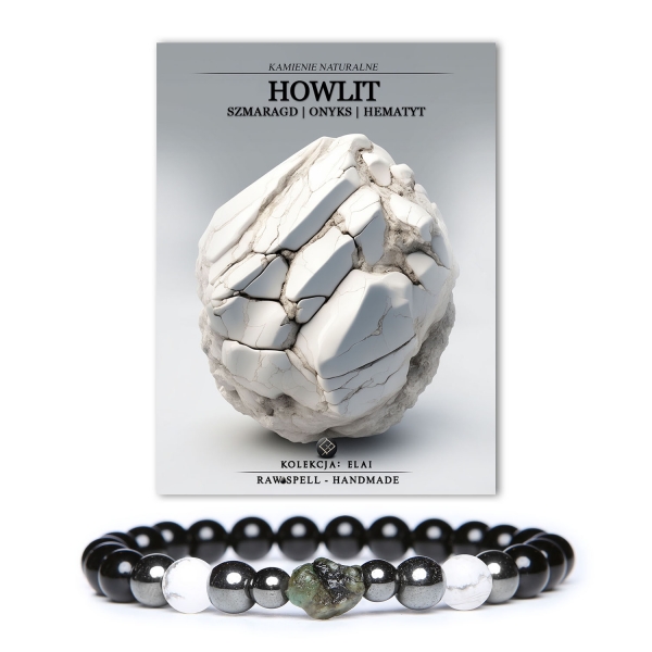 Elegancka bransoletka męska i damska z kolekcji Elai, zawierająca kamienie howlit, szmaragd, onyks oraz grafitowy hematyt.