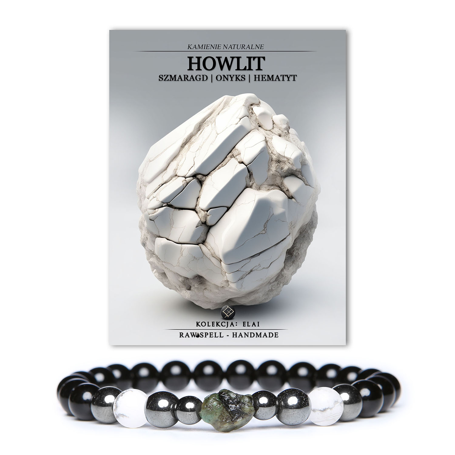 Elegancka bransoletka męska i damska z kolekcji Elai, zawierająca kamienie howlit, szmaragd, onyks oraz grafitowy hematyt.